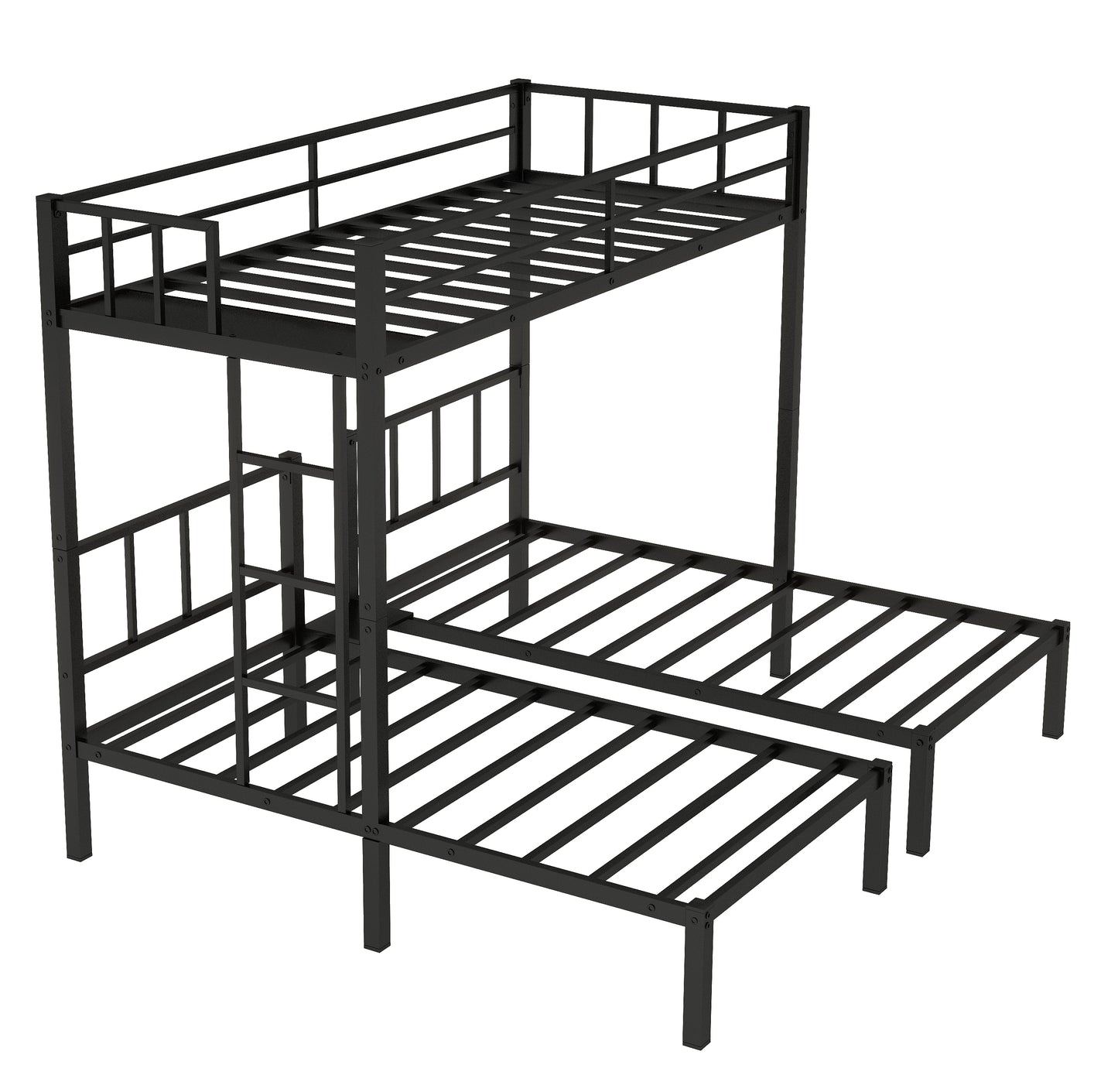 Triple Bunk Bed, BTMWAY Modern Twin Over Twin Over Twin Bunk Bed, Metal Twin Bunk Bed with Guardrails, Ladders, 3 Twin Bunk Beds for Kids Teens Adults, Separated into 3 Twin Beds Frame, Black, R12039