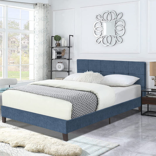 Queen Platform Bed Frame, Queen Size Bed Frame with Tufted Headboard, No Box Spring Needed, Modern Upholstered Queen Platform Bed, Bedroom Furniture Queen Bed Frame for Kids Adults, Dark Blue, R053