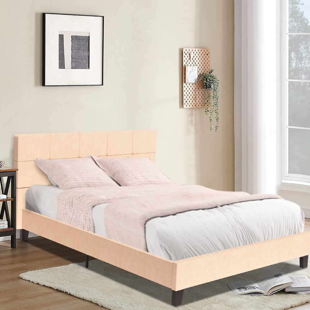 Queen Platform Bed Frame, Queen Size Bed Frame with Tufted Headboard, No Box Spring Needed, Modern Upholstered Queen Platform Bed, Bedroom Furniture Queen Bed Frame for Kids Adults, Beige, R053