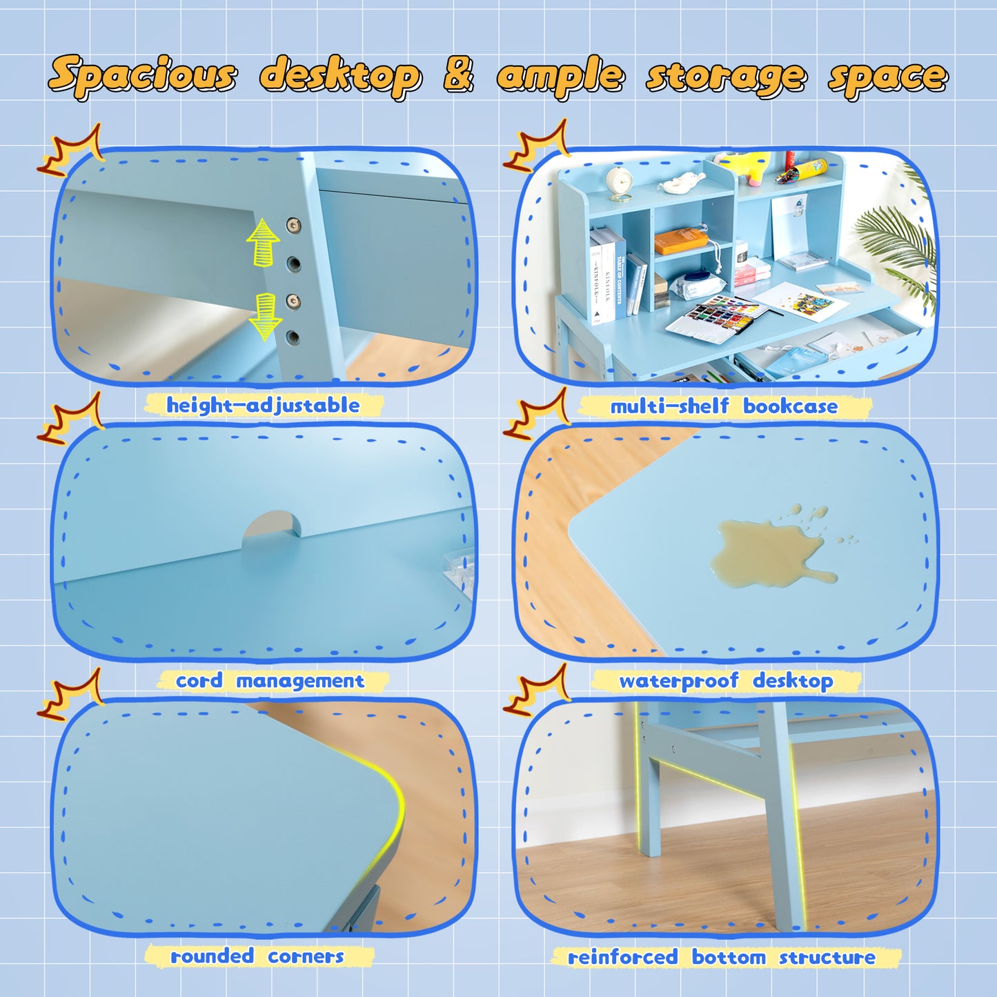 BTMWAY Kids Desk and Chair Set, Wood Study Desk for Kids with Chair, Children School Learning Table with Drawers, Shelves, Student Writing Computer Workstation for Bedroom Study Room, Antique Blue