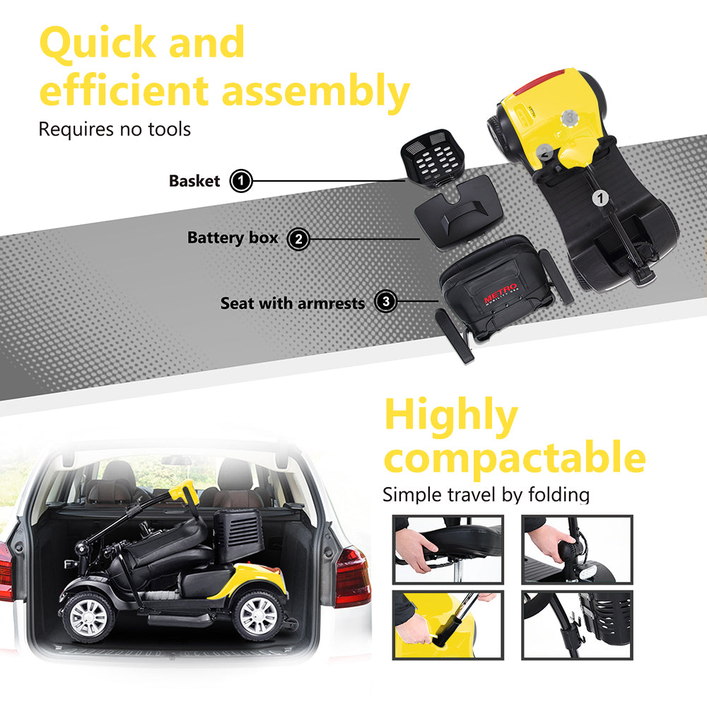 BTMWAY 4 Wheel Mobility Scooter, Compact Electric Powered Wheelchair Device, Folding Mobility Scooter for Adults Elderly, Heavy Duty Travel Mobility Scooters with LED Light and Basket, Yellow