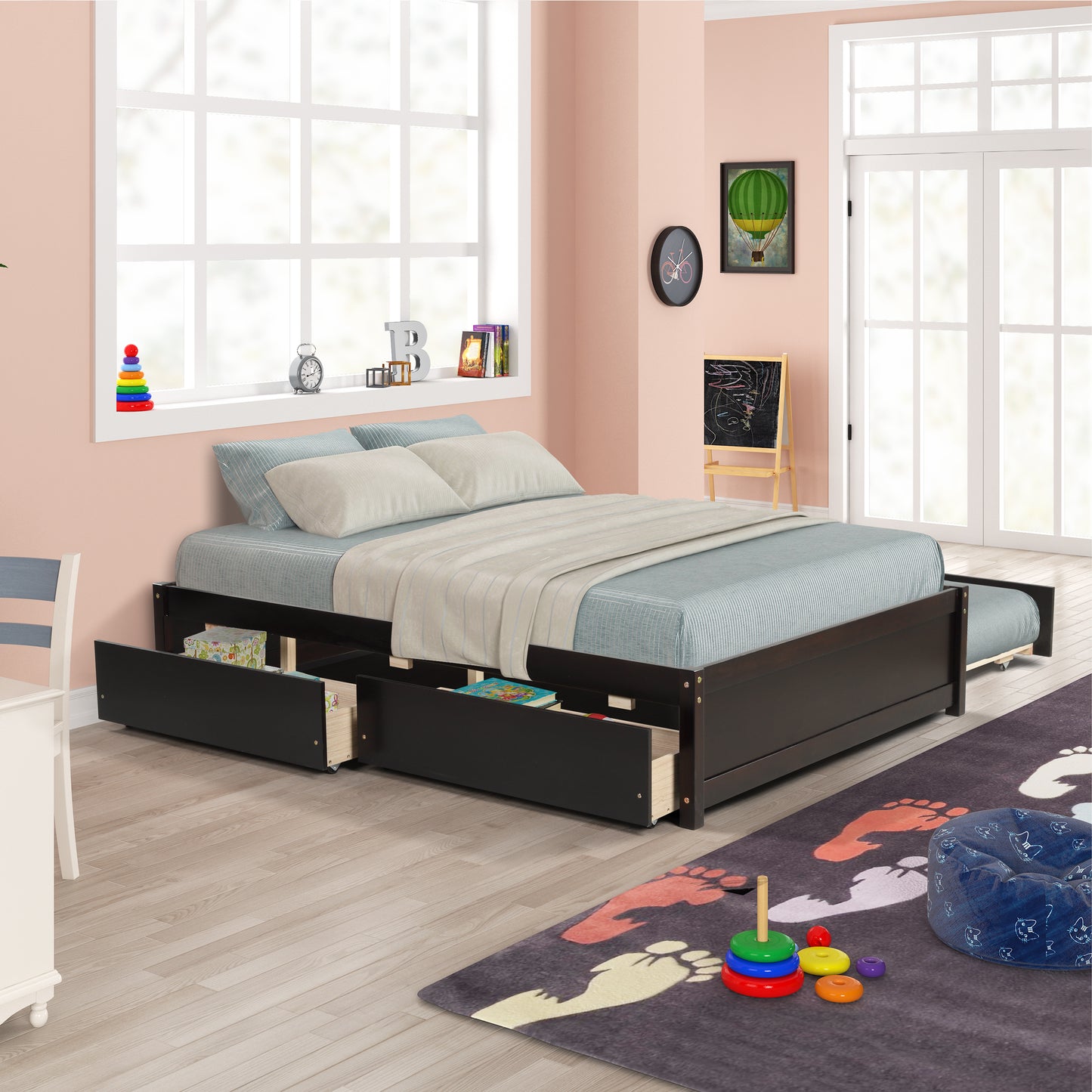 BTMWAY Full Bed Frame with Twin Trundle, Full Bed Frame No Box Spring Needed, Wood Full Platform Bed Frame with 2 Storage Drawers, Modern Bed Frame Full Size for Kids Teens Adults, Espresso, R1569
