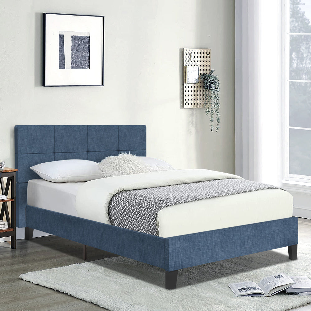 Full Platform Bed Frame, Full Size Bed Frame with Tufted Headboard, No Box Spring Needed, Modern Upholstered Full Platform Bed, Bedroom Furniture Full Bed Frame for Kids Adults, Dark Blue, R056