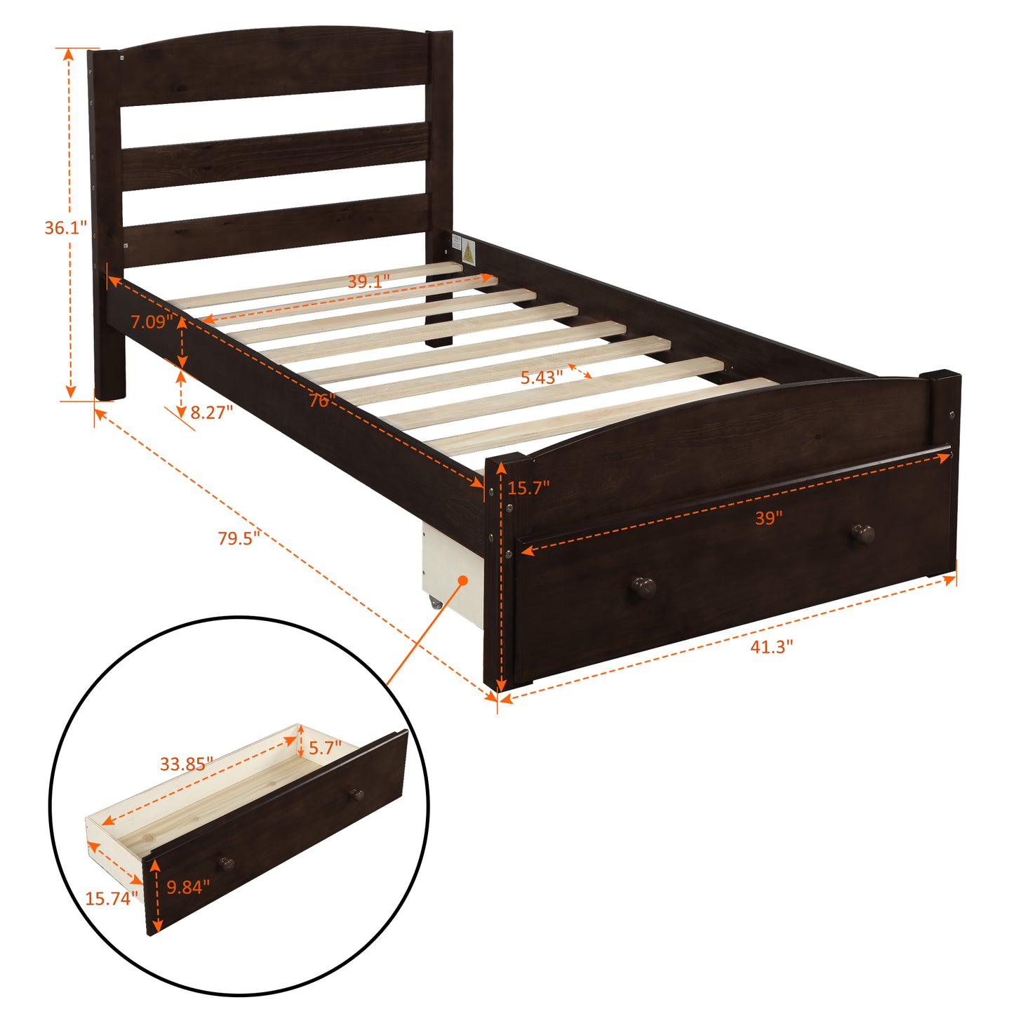 BTMWAY Twin Size Bed Frame, Single Platform Bed Frame for Kids Teens Adults, Wood Twin Bed Frame with Headboard and Storage Drawer, Modern Twin Platform Bed Frame No Box Spring Needed, Espresso, R5867