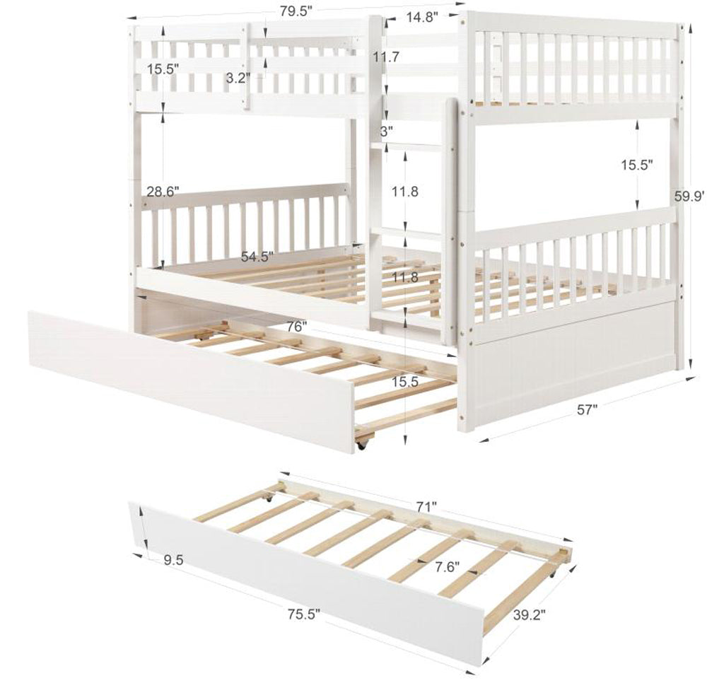 Full Bunk Bed for Kids Teens Adults, Full Over Full Bunk Bed with Twin Trundle, Guardrail and Ladder, Separated into 2 Full Bed Frame, Convertible Bunk Bed, Gray, R119