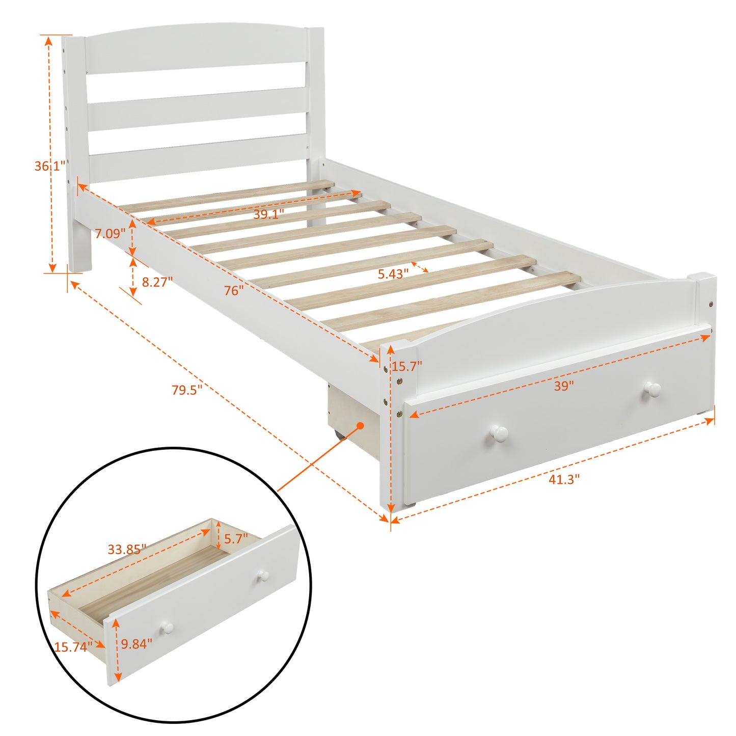 BTMWAY Twin Size Bed Frame, Single Platform Bed Frame for Kids Teens Adults, Wood Twin Bed Frame with Headboard and Storage Drawer, Modern Twin Platform Bed Frame No Box Spring Needed, White, R5875