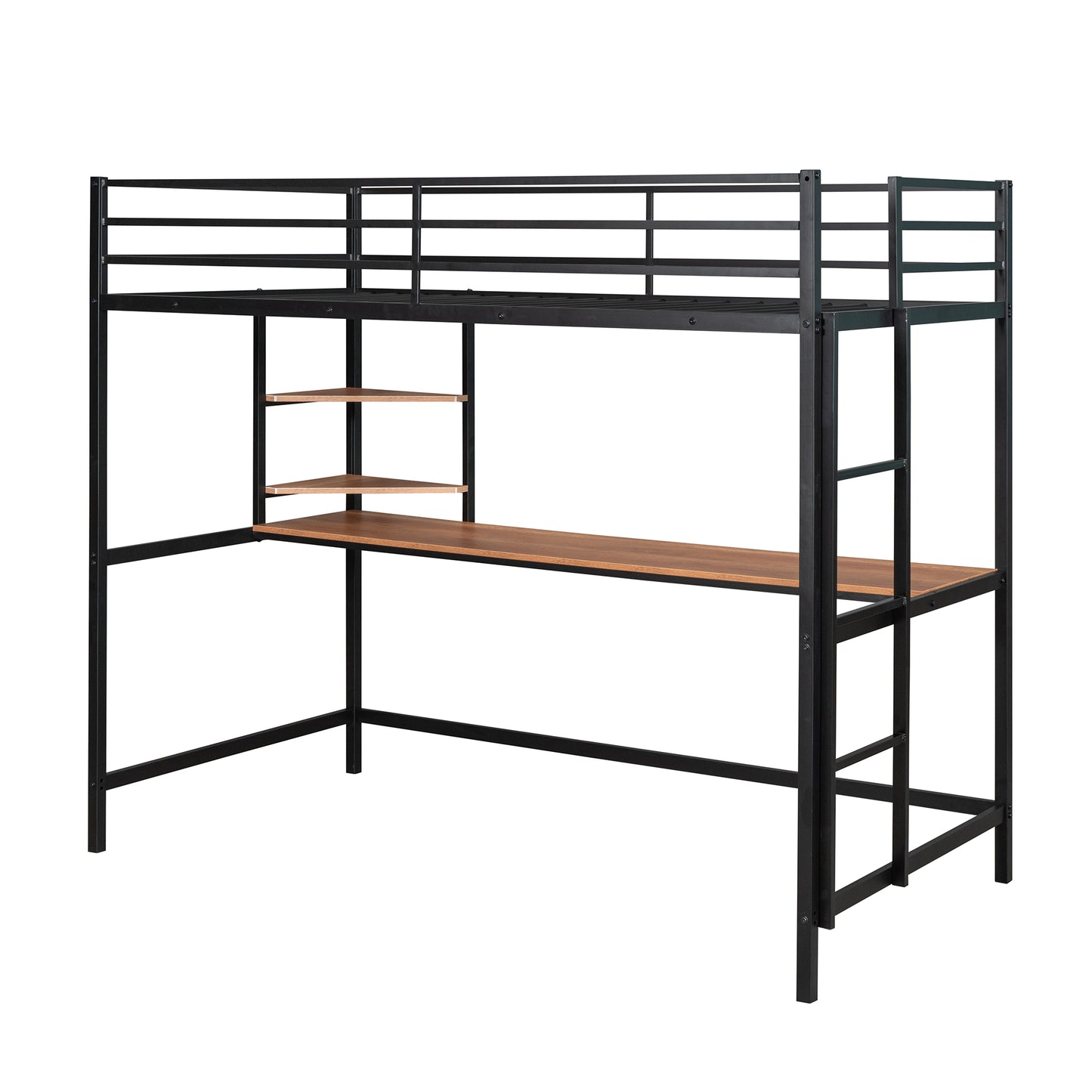 Twin Size Loft Bed, BTMWAY Modern Metal Twin Loft Bed with Desk and Shelve, Twin Size Loft Bed Frame for Boys Girls Adults Kids, Loft Bed Twin Size with Guardrails, Ladder, No Box Spring Needed, Black