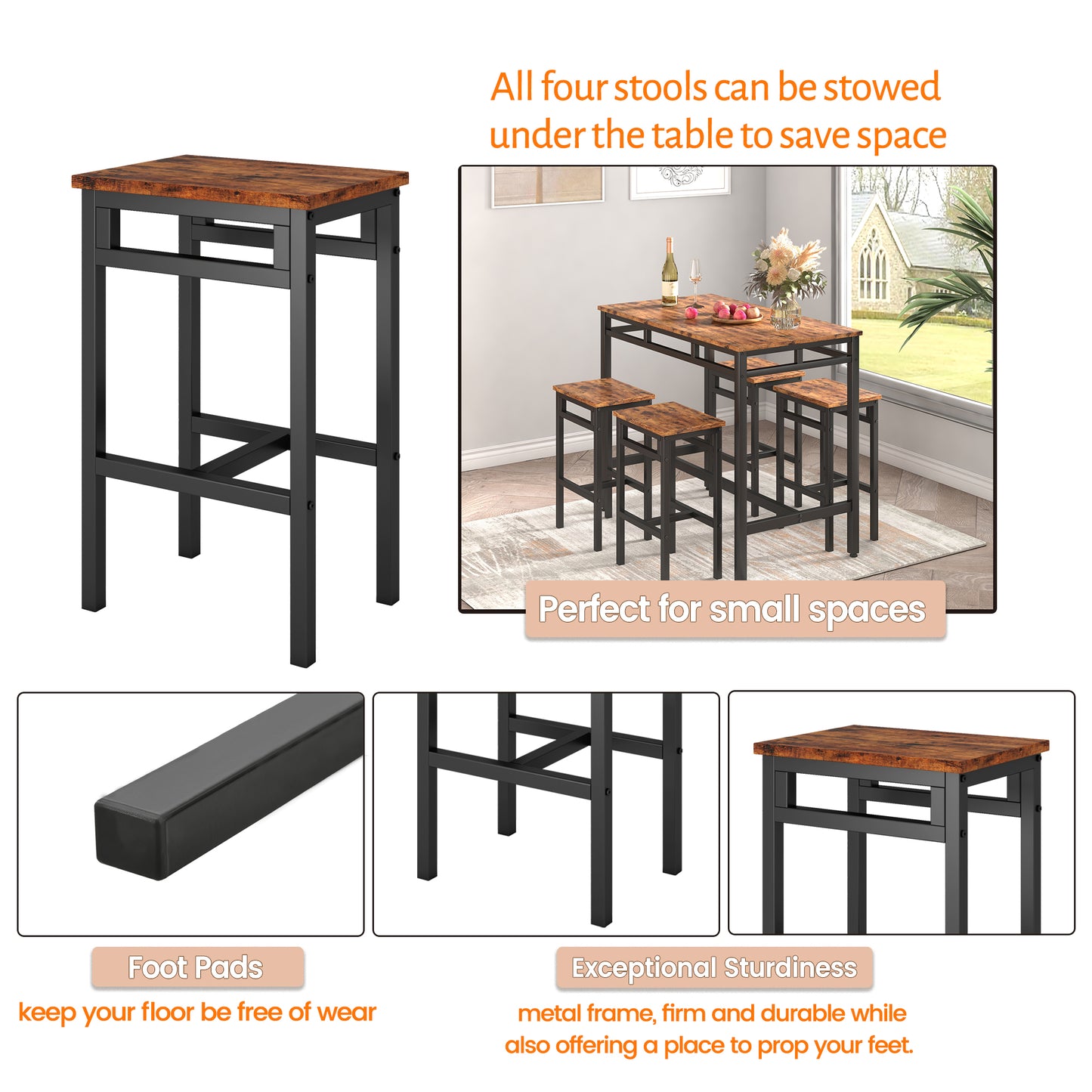 5pcs Bar Table and Stools Set, Contemporary Counter Height Dining Table Set with 4 Chairs, Brown High Top Dining Set, Pub Bar Table Set, Breakfast Nook Kitchen Table Set for Living Room, Brown