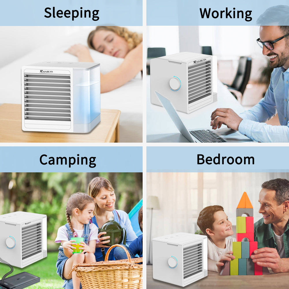 BTMWAY Portable Air Conditioner Fan, Small Personal Air Conditioner Desk Fan, USB Mini Air Cooler Fan with Icebox, 2 Speed, LED Light, 800ml Water Tank, Water Air Cooler Fan for Office, Outdoor, White