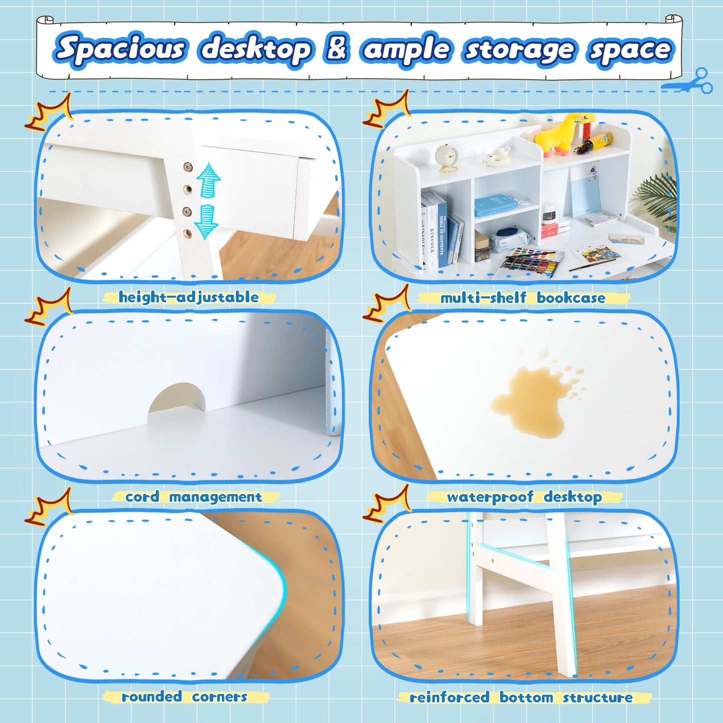 BTMWAY Kids Desk and Chair Set, Wood Study Desk for Kids with Chair, Children School Learning Table with Storage Drawers, Shelves, Student Writing Computer Workstation for Bedroom Study Room, White