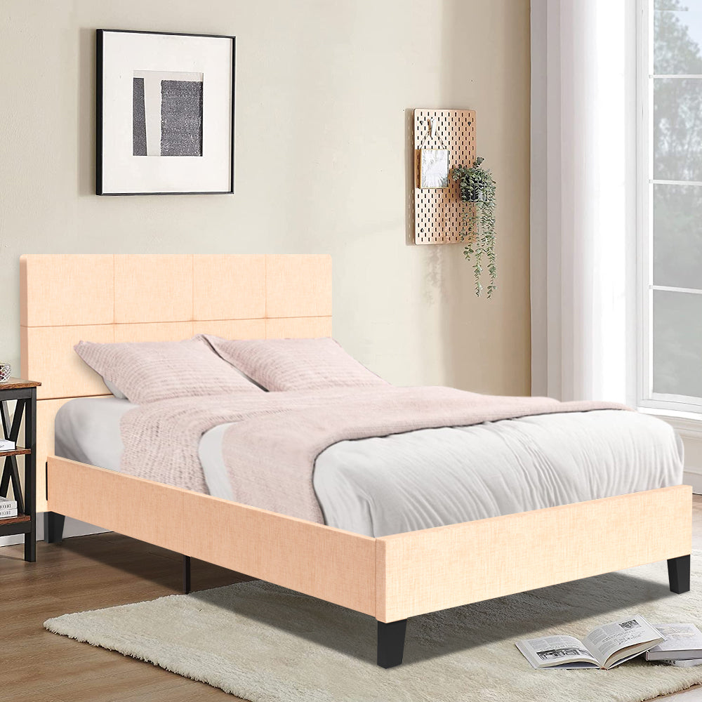 Full Platform Bed Frame, Full Size Bed Frame with Tufted Headboard, No Box Spring Needed, Modern Upholstered Full Platform Bed, Bedroom Furniture Full Bed Frame for Kids Adults, Beige, R056