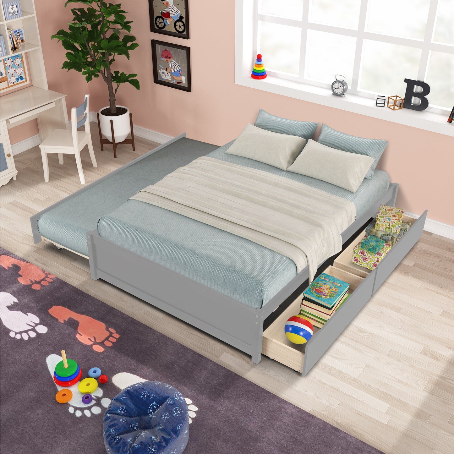 BTMWAY Full Bed Frame with Twin Trundle, Full Size Bed Frame No Box Spring Needed, Wood Full Platform Bed Frame with 2 Storage Drawers, Modern Bed Frame Full Size for Kids Teens Adults, Gray, R1492