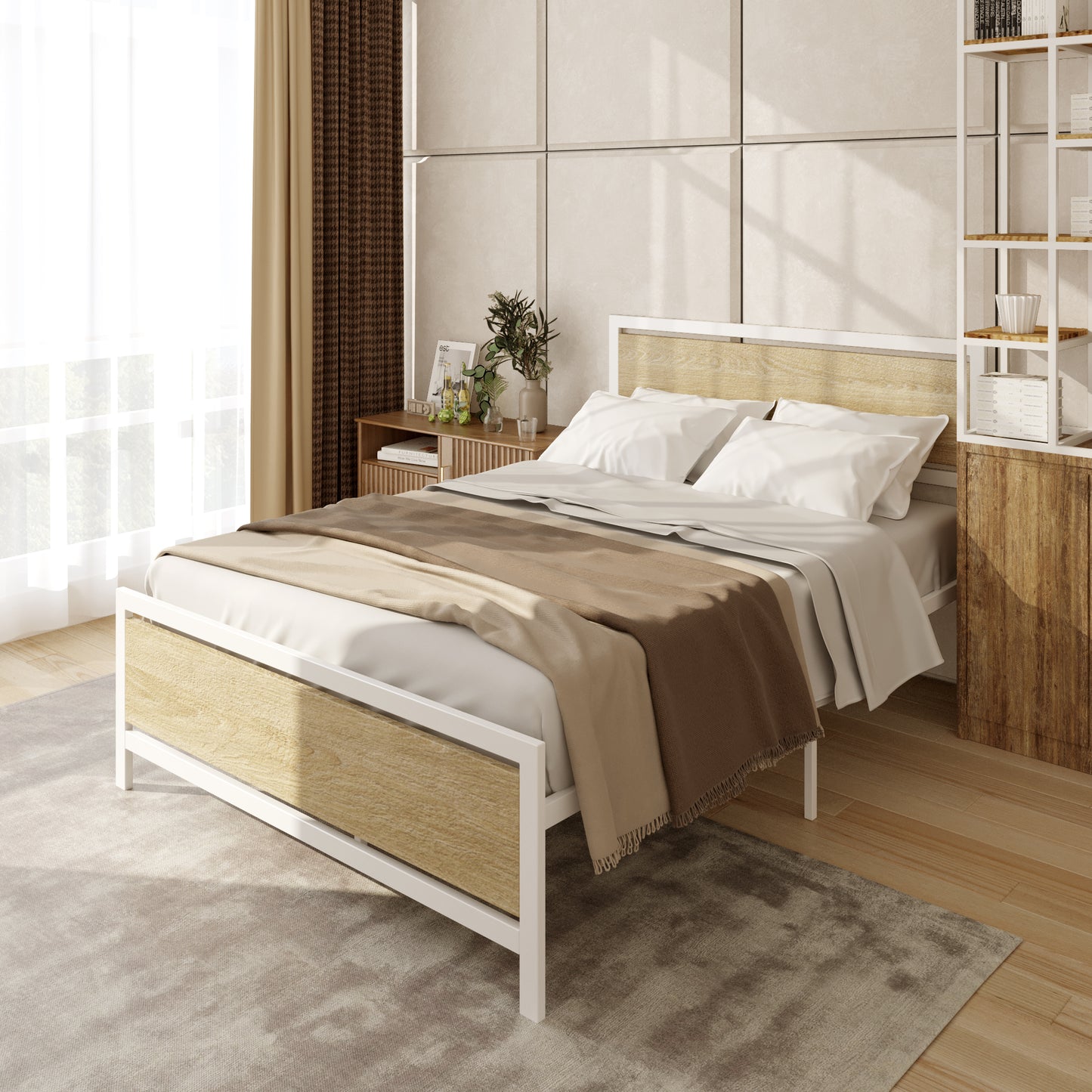 Full Size Metal Platform Bed Frame with Wooden Headboard and Footboard, No Box Spring Needed, 400lbs Capacity, Black