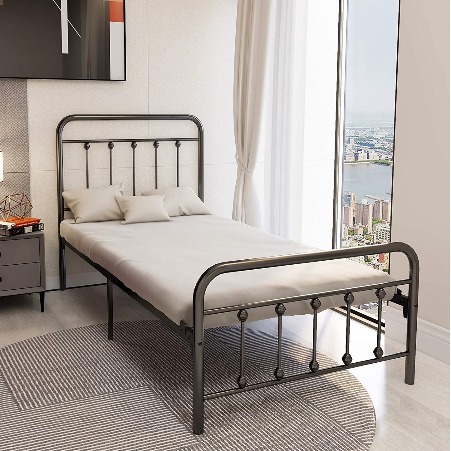 Metal Platform Bed Frame, Twin Size Metal Bed for Kids&Adults, Heavy Duty Iron Bed Frame with Headboard&Footboard, Black Platform Twin Bed No Spring Box Needed, Industrial Bedroom Furniture, A4430