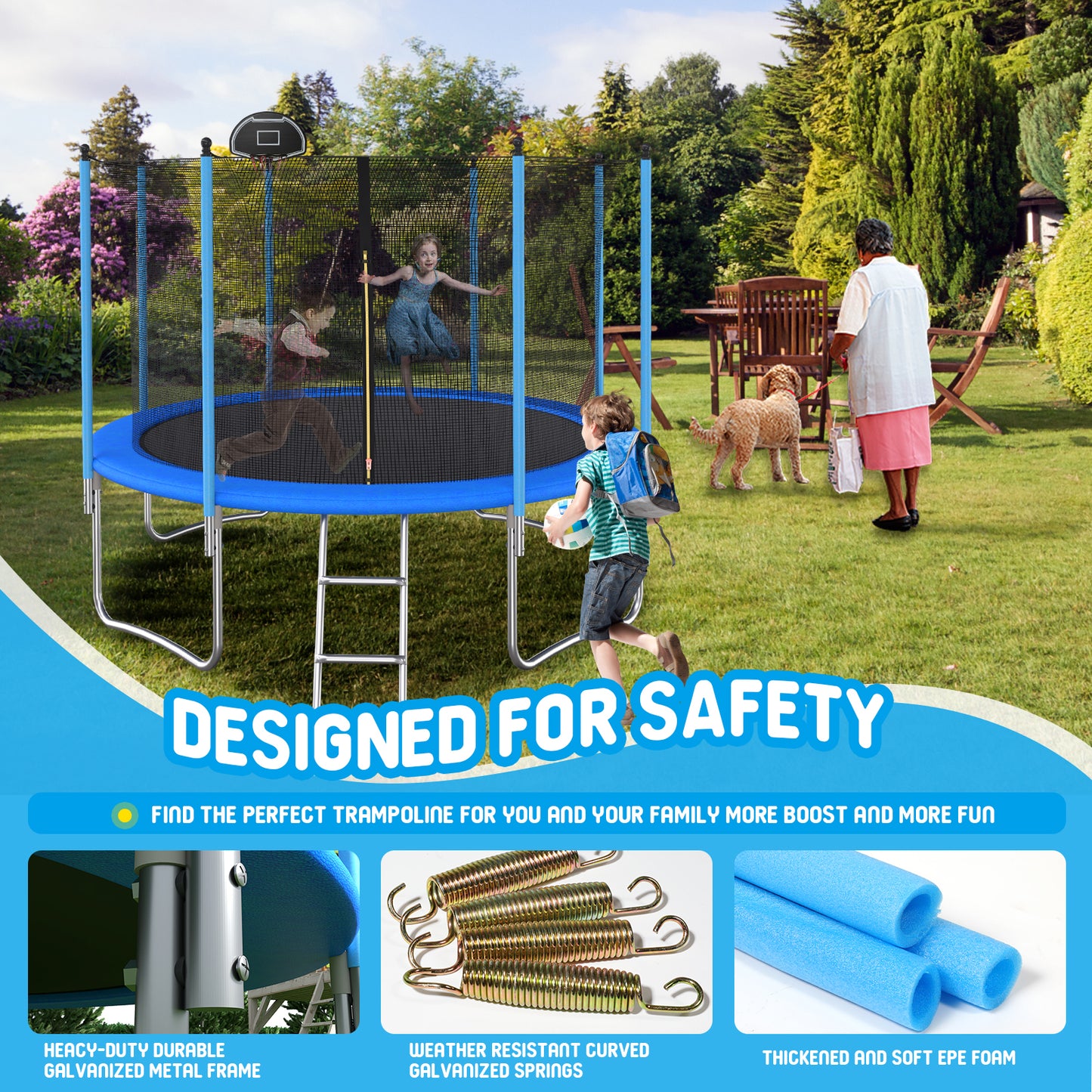 BTMWAY 10 FT Trampoline for Kids/Adult, Outdoor/Indoor Trampoline for Kids, Recreational Trampolines with Basketball Hoop, Kids Playground for Backyard, Blue