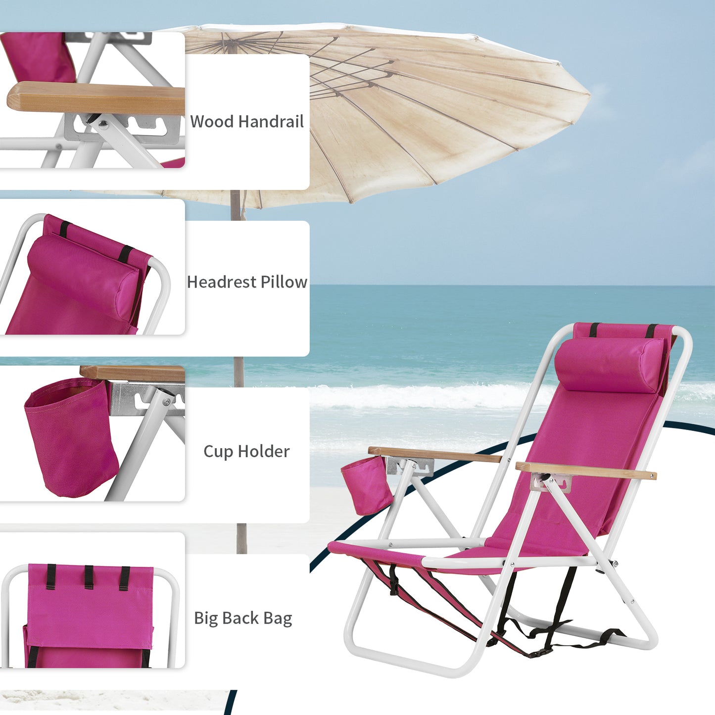 BTMWAY 2 Pack Folding Beach Chair Set, 4 Position Portable Backpack Foldable Camping Chair with Headrest Cup Holder and Wooden Armrests，Pink