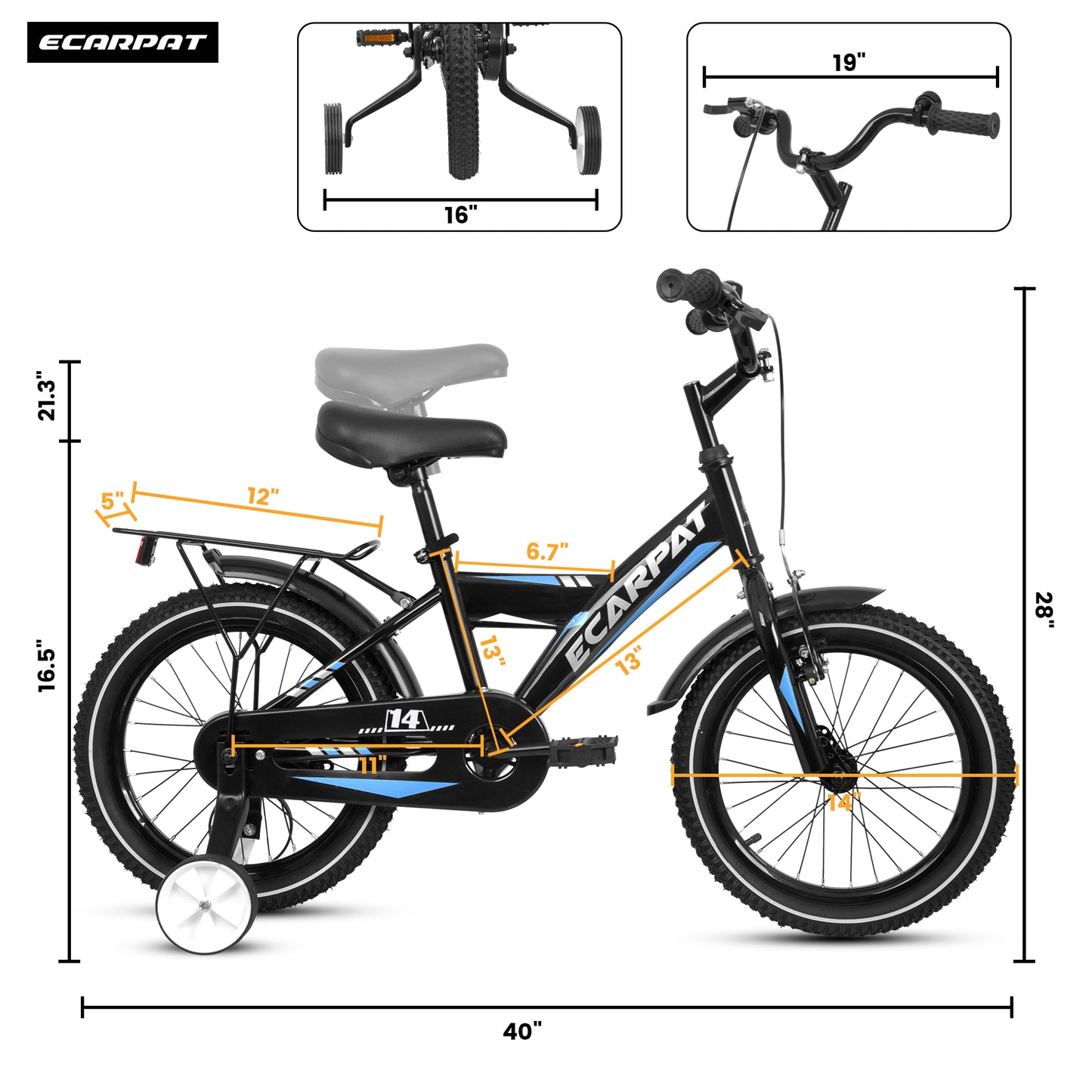 A14115 Kids Bike 14 inch for Boys & Girls with Training Wheels, Freestyle Kids' Bicycle with fender and carrier.