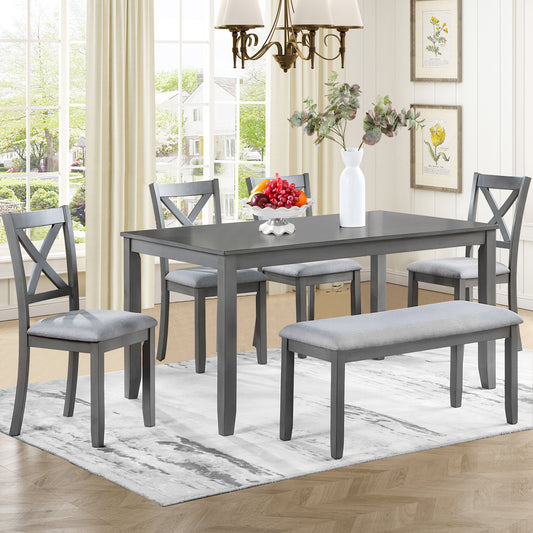 Dining Table Sets For 6, Farmhouse 6 Piece Dining Set with Bench, Wood Dining Dinette Table and 4 Upholstered Chairs with 1 Bench, Dining Room Set for Kitchen, Gray