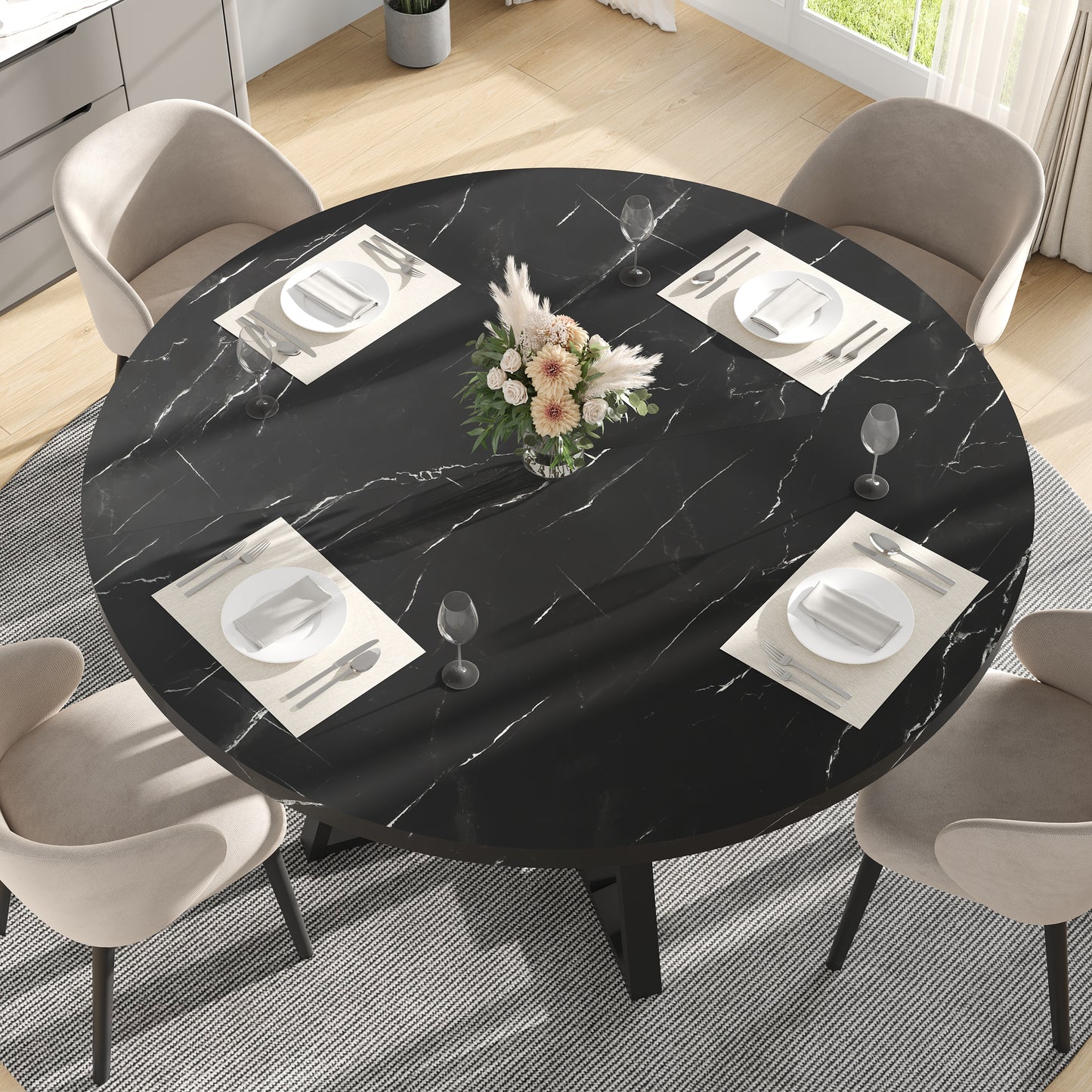 Dining Table for Restaurant, BTMWAY Mid-century White Marble Tulip Style Round Dining Room Table, Contemporary Leisure Coffee Cocktail Table, Metal Pedestal, MDF Top, for 4 Person