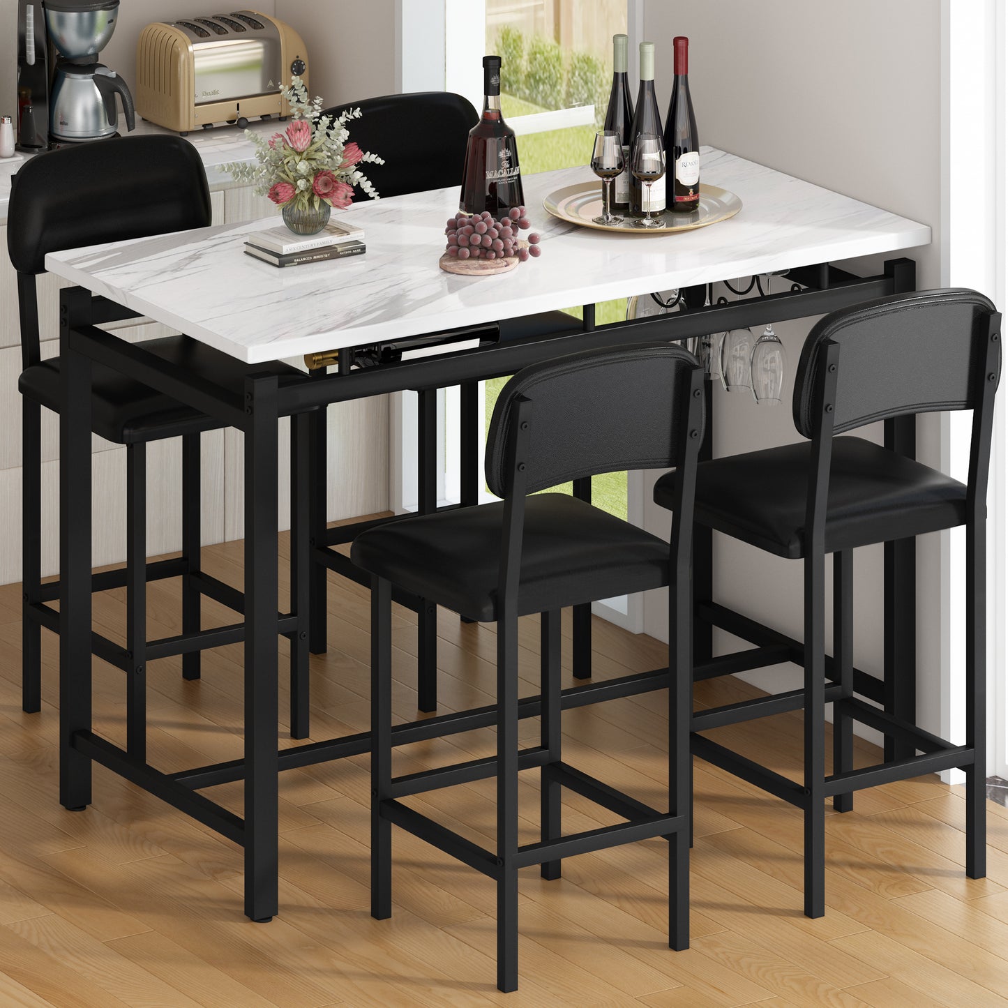 White Marble Dining Table Set for 4, BTMWAY High Top Bar Table Set with Upholstered Stools, Counter Height Dining Table and Chairs Set for Kitchen, Metal Frame Breakfast Nook Table Set, N230