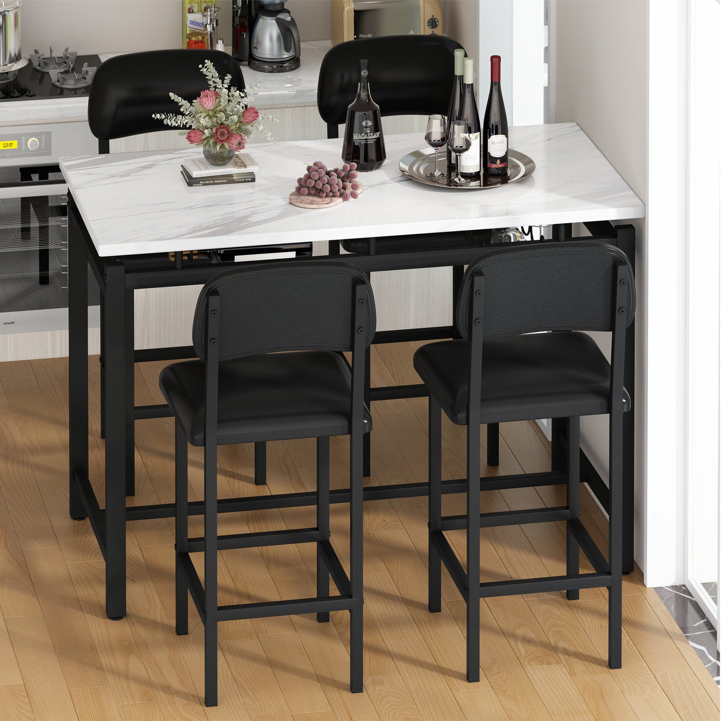 White Marble Dining Table Set for 4, BTMWAY High Top Bar Table Set with Upholstered Stools, Counter Height Dining Table and Chairs Set for Kitchen, Metal Frame Breakfast Nook Table Set, N230