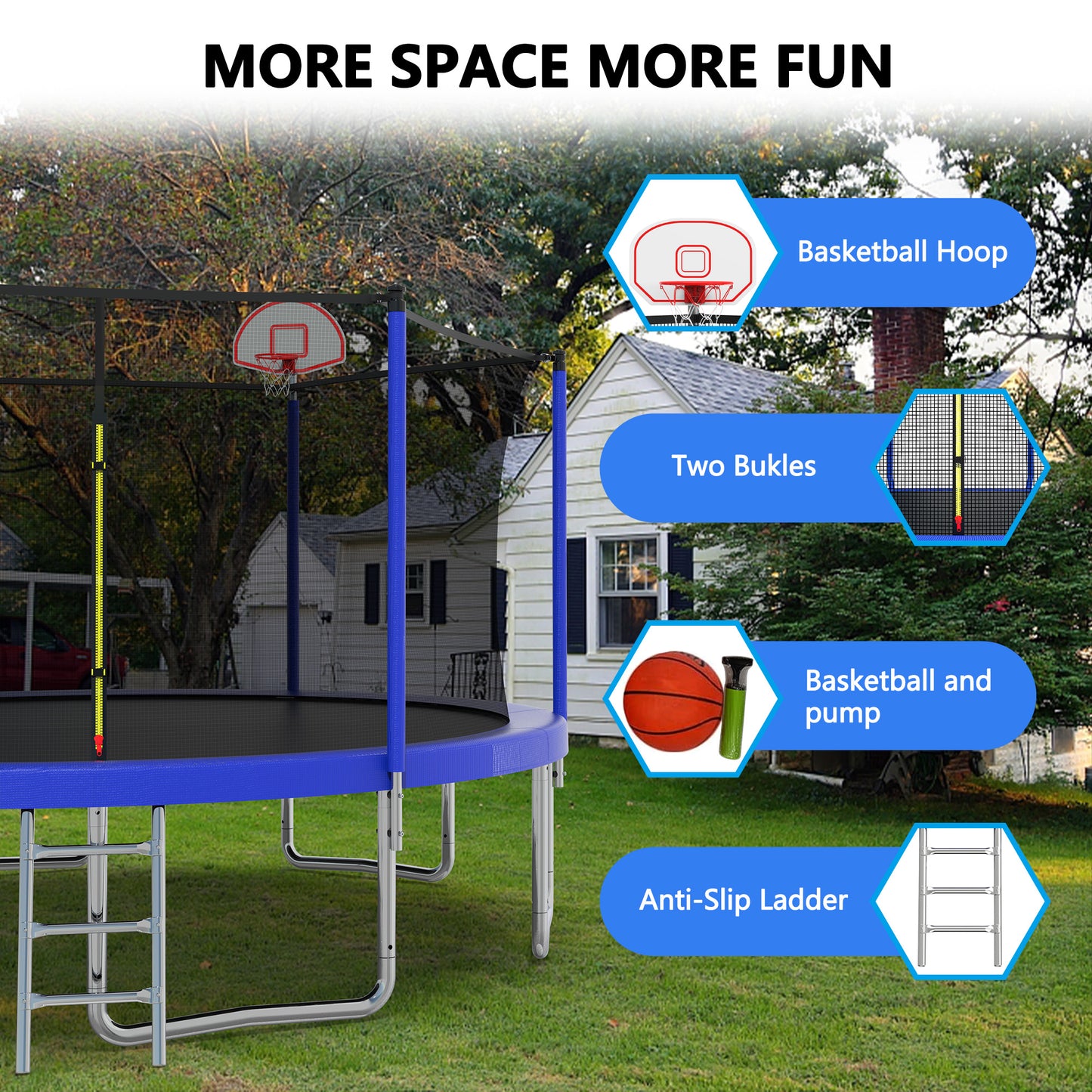 14Ft Trampoline with Basketball Hoop, Recreational Trampolines with Enclsure, Indoor/Outdoor trampolines for kids and adults, Heavy Duty Trampoline 3-Step Galvanized Steel Ladder