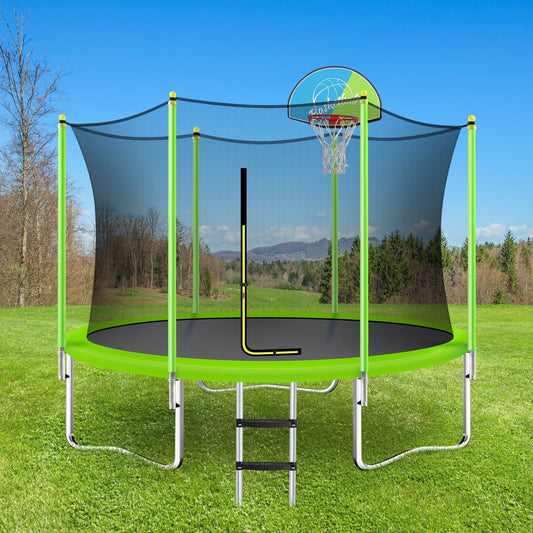 BTMWAY 10FT Trampoline for Kids with Safety Enclosure Net, Basketball Hoop and Ladder, Easy Assembly Round Outdoor Recreational Trampoline,Green