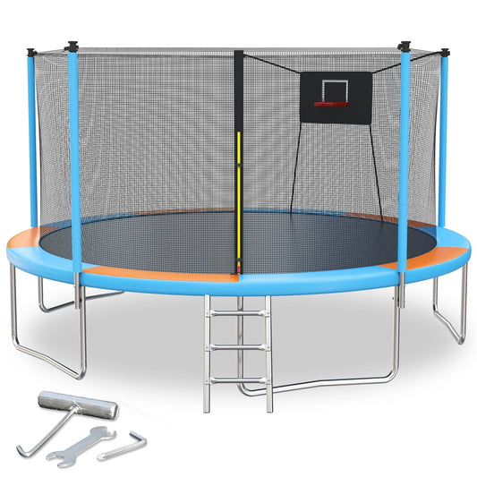 14FT Trampoline with Basketball Hoop, New Upgraded Outdoor Trampoline with Safety Enclosure Net, Heavy Duty Jumping Mat & Spring Cover Padding, Backyard Trampoline for Kids & Adults, ASTM Approved