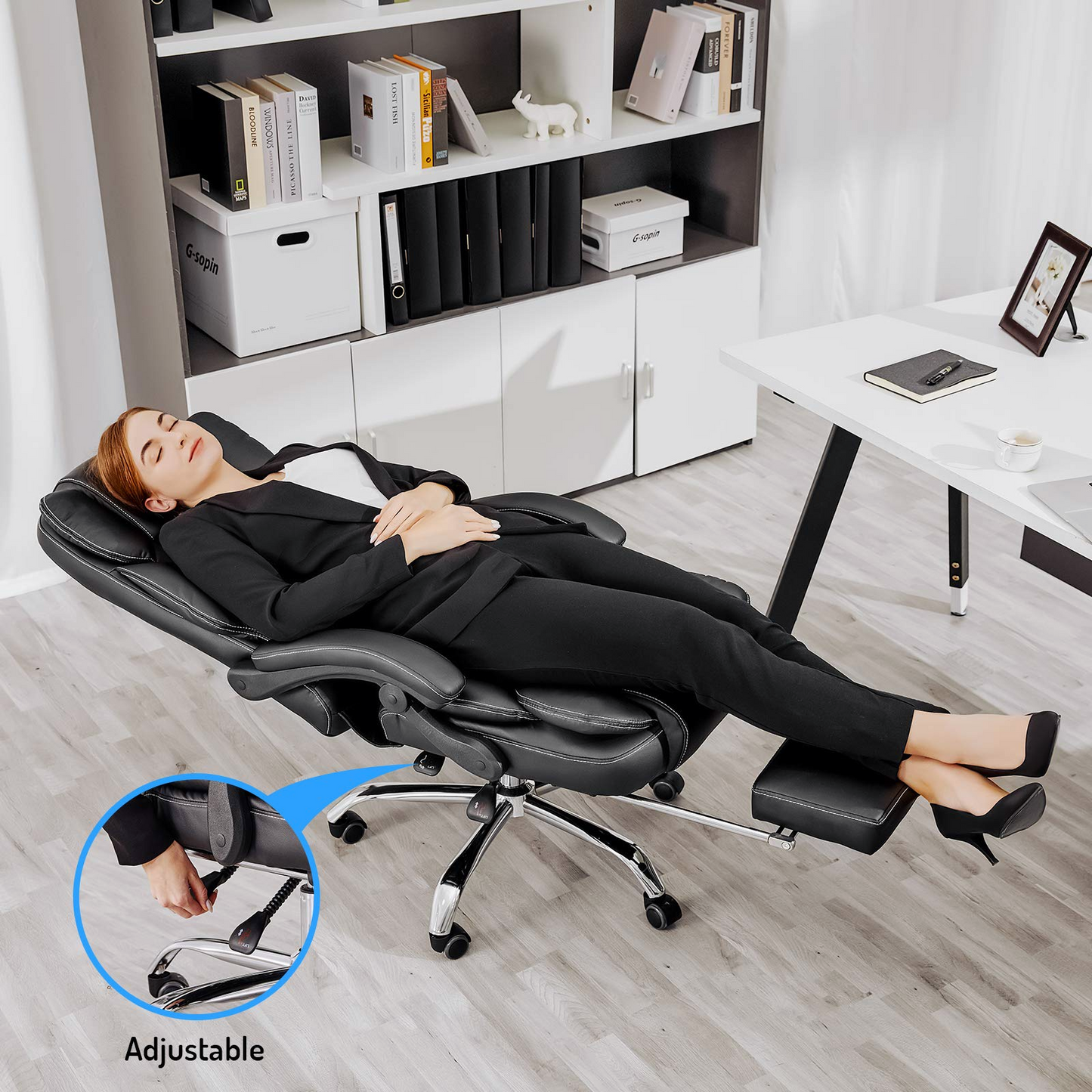 BTMWAY Big and Tall Ergonomic Office Chair with Footrest, Adjustable High Back PU Leather Executive Chair, Comfortable Desk Chair for Back Pain Relief