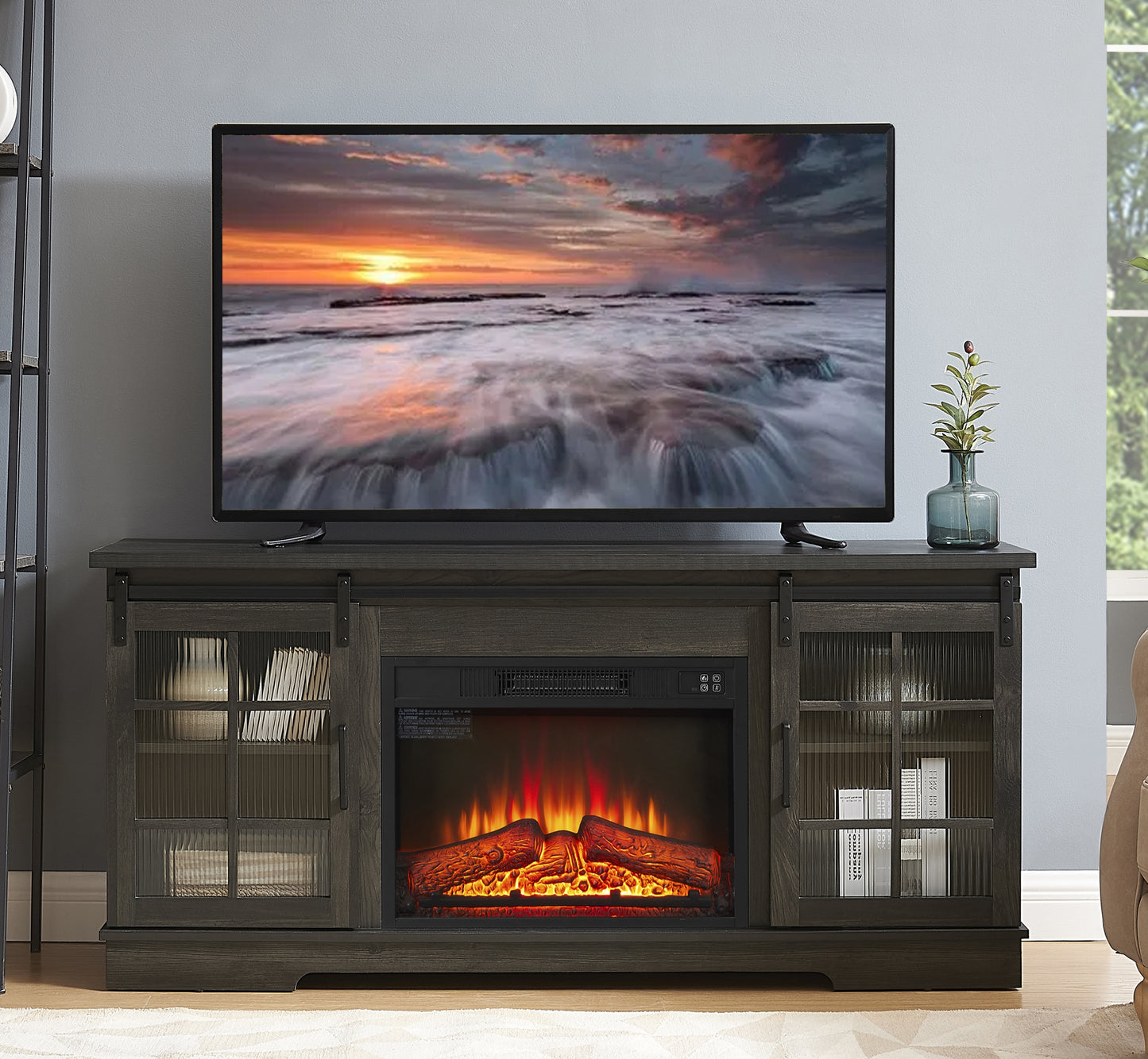 BTMWAY 59" Fireplace TV Stand for TVs up to 65", Media Entertainment Center with 23" Electric Fireplace, 2 Sliding Glass Doors, Large Storage Cabinet for Living Room, Charcoal Gray