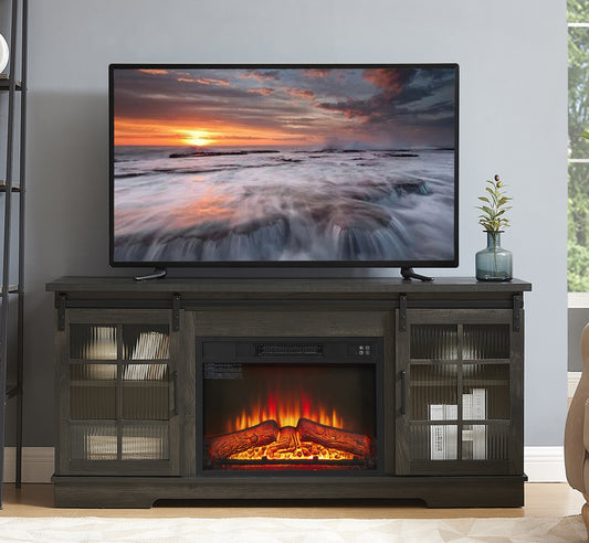 BTMWAY 59" Fireplace TV Stand for TVs up to 65" TV with 2 Sliding Door, Entertainment Center with 23" Electric Fireplace, Farmhouse TV Console with Large Storage Cabinet for Living Room