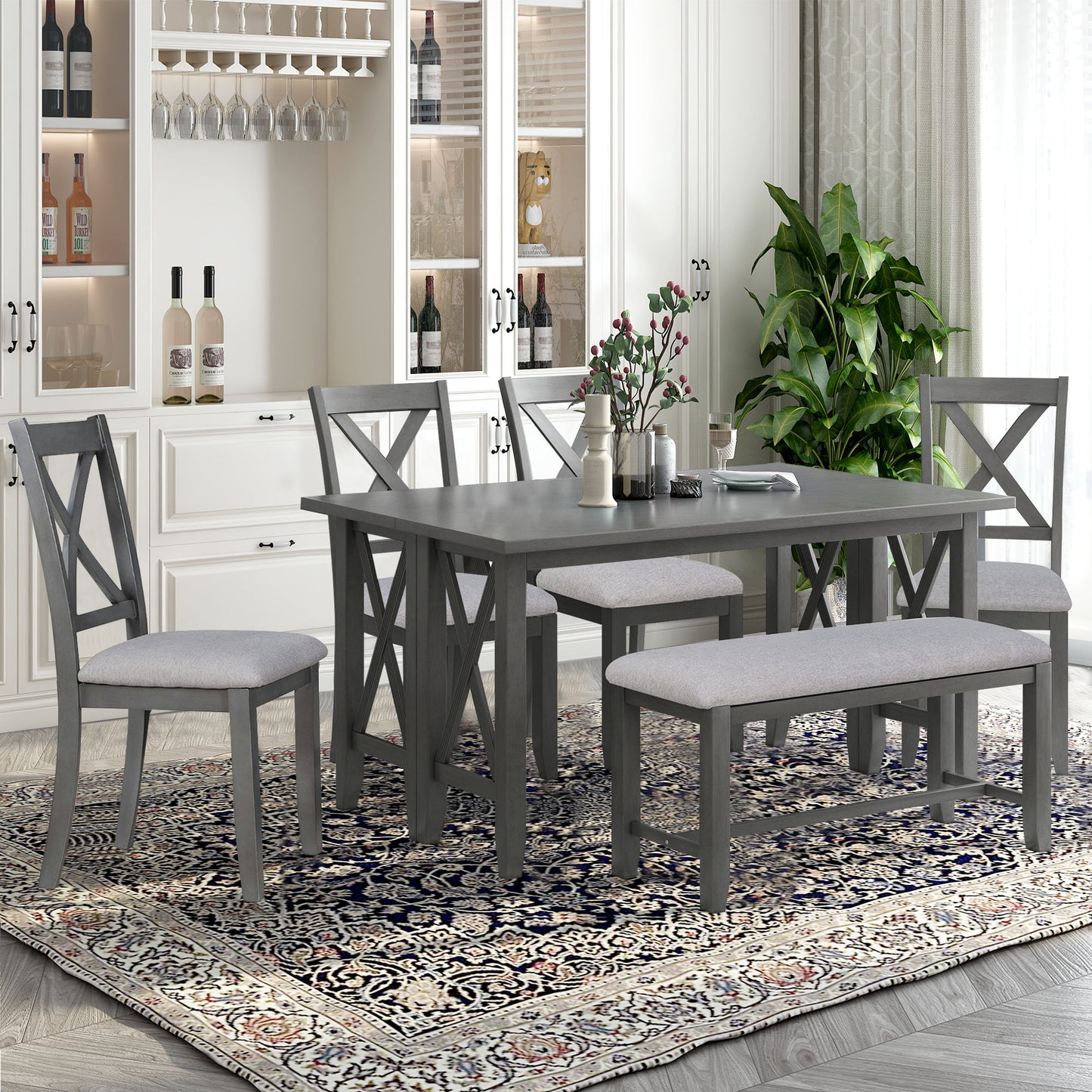 BTMWAY 6 Piece Dining Table Set with Bench