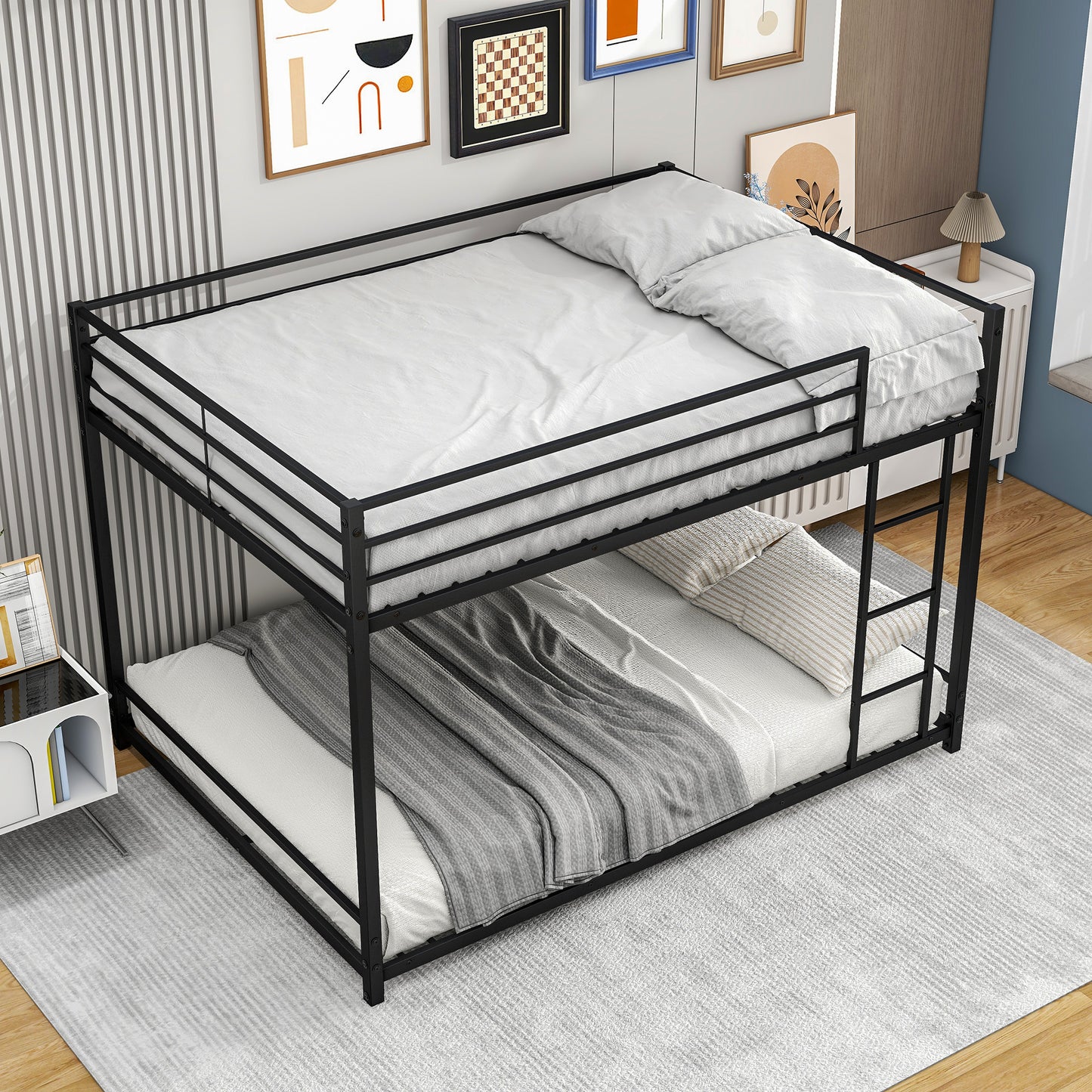 Metal Bunk Bed,Metal Twin Over Full Bunk Bed with Ladder&Safety Guardrail,Twin Size/Full-Size Bunk Bed Frame for Kids/Teens/Adults,Space Saving Kid's Room Bed Frame,No Spring Box Need, Black, A1247