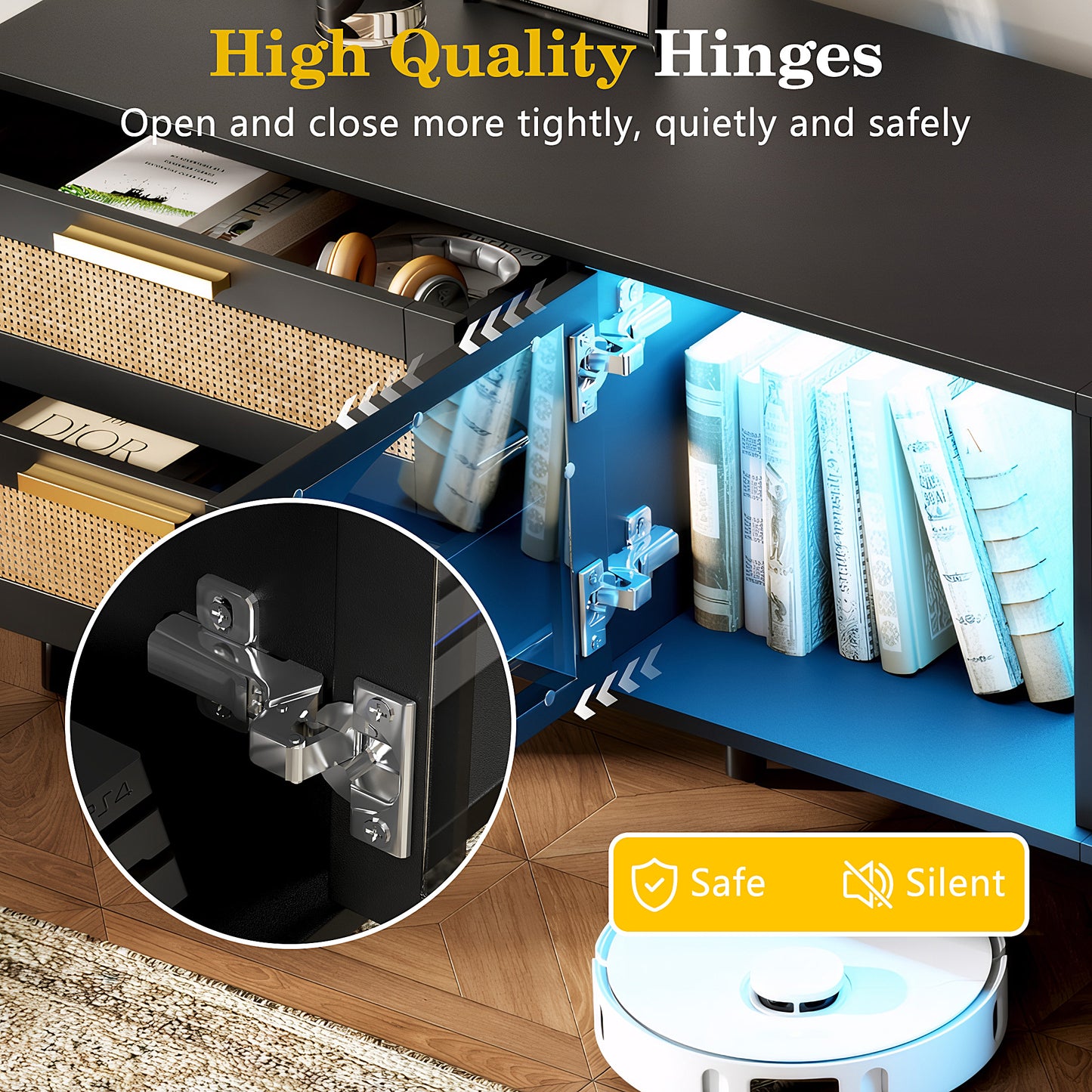 Rattan TV Stand for TVs up to 85", BTMWAY TV Stand, Modern Farmhouse Entertainment Center for TVs, Media Console with 2 Storage Drawer and Solid Wood Legs, TV Cabinet with Storage