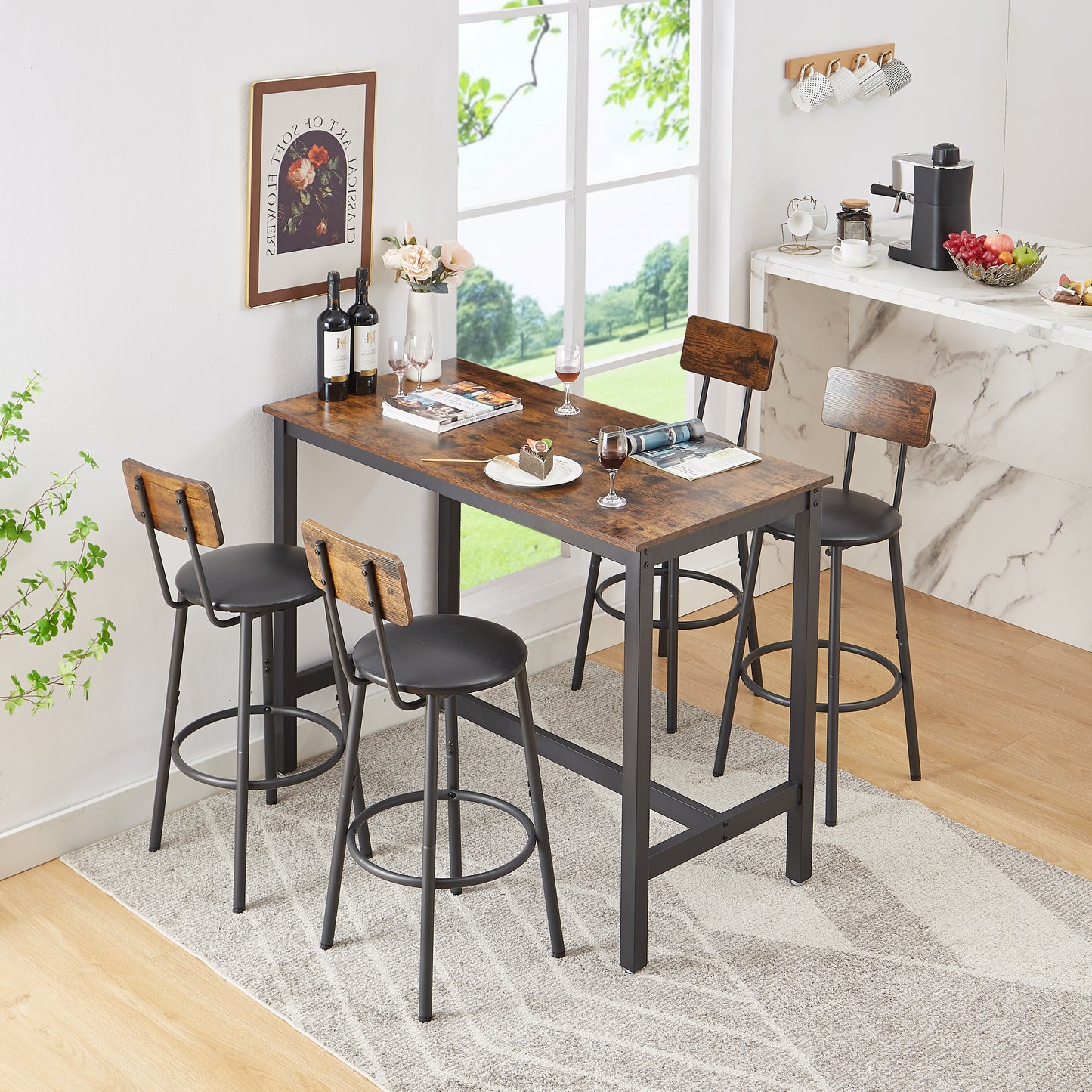 5 Piece Dining Set, BTMWAY Counter Height Kitchen Dining Table and Chair Set for 4, Rectangle Dinette Table Set with Storage Rack and 4 Backrest Chairs, for Kitchen Dining Room Breakfast Nook