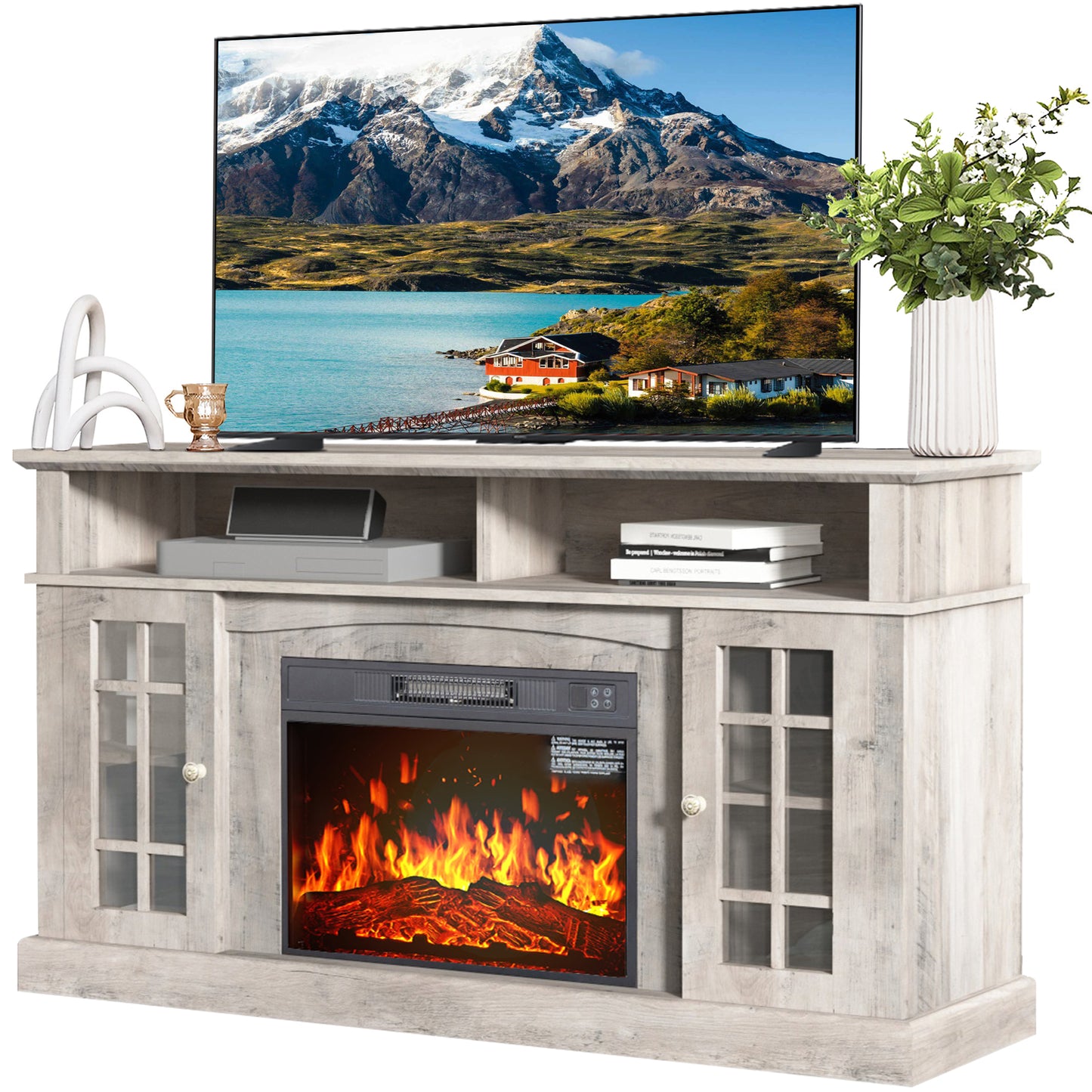 Electric Fireplace TV Stand for 65inch TV, BTMWAY 58" TV Stand with 23" Electric Fireplace, Entertainment Center TV Console for Living Room, with Storage Cabinet and Open Shelves, Gray