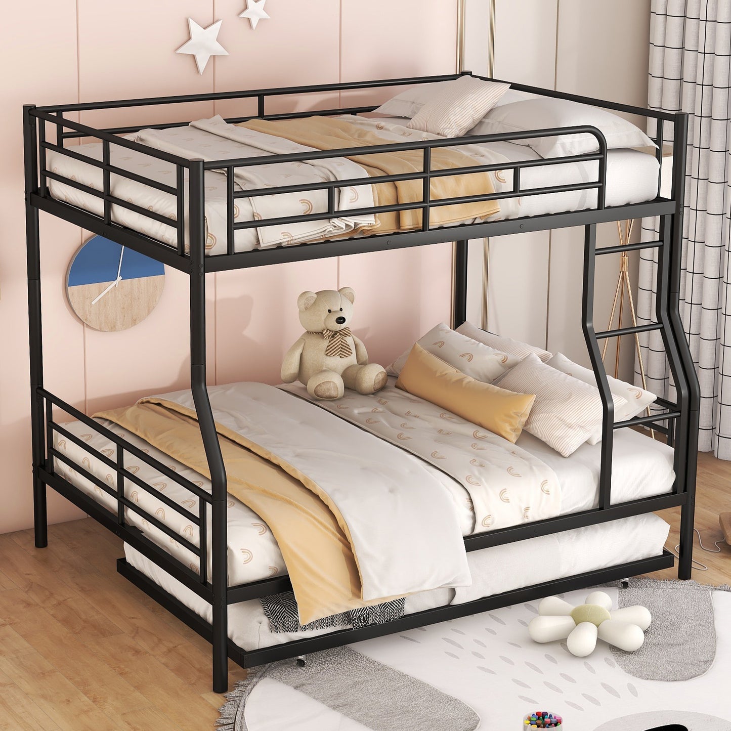 BTMWAY Full XL Over Queen Metal Bunk Bed with Trundle, Convertible Metal Bunk Bed Frame for Dorm Bedroom, Super Large Size Bunk Bed for Kids Boys Girls, No Box Spring Needed, Black