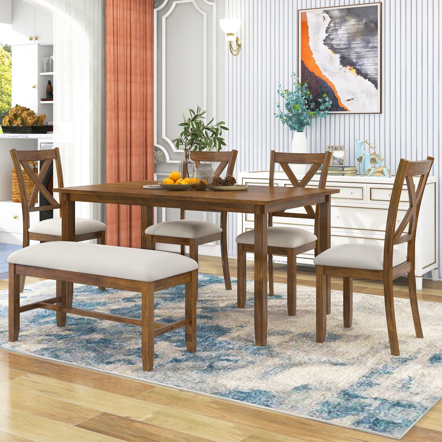 BTMWAY 6 Piece Dining Table Set with Bench