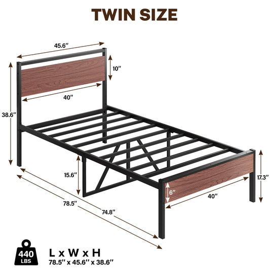 BTMWAY Twin Size Platform Bed Frame with Wood Headboard, No Box Spring Needed, Modern Bed Frame with Under-Bed Storage, Noise-Free Design, Easy Assembly, Sturdy Iron Slats, Black