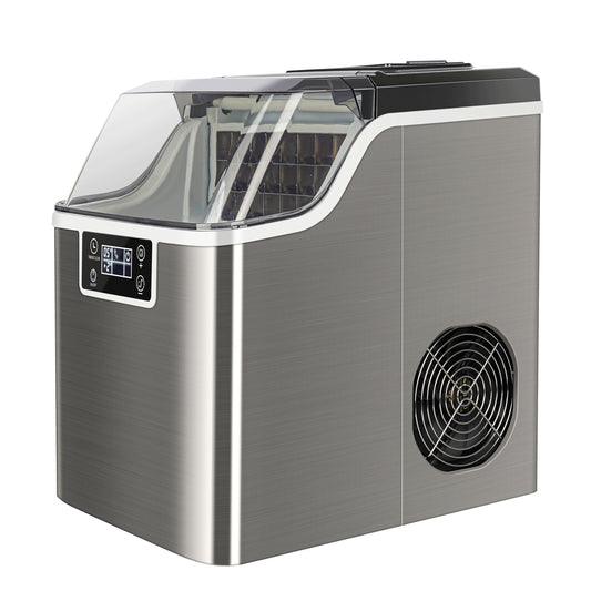 Cube Ice Maker, BTMWAY Stainless Steel Countertop Ice Maker Machine for Home Office, Portable Electric Ice Makers with Ice Scoop and Basket, 48lbs Ice in 24hrs, 24 Cubes in 15 Min, Silver