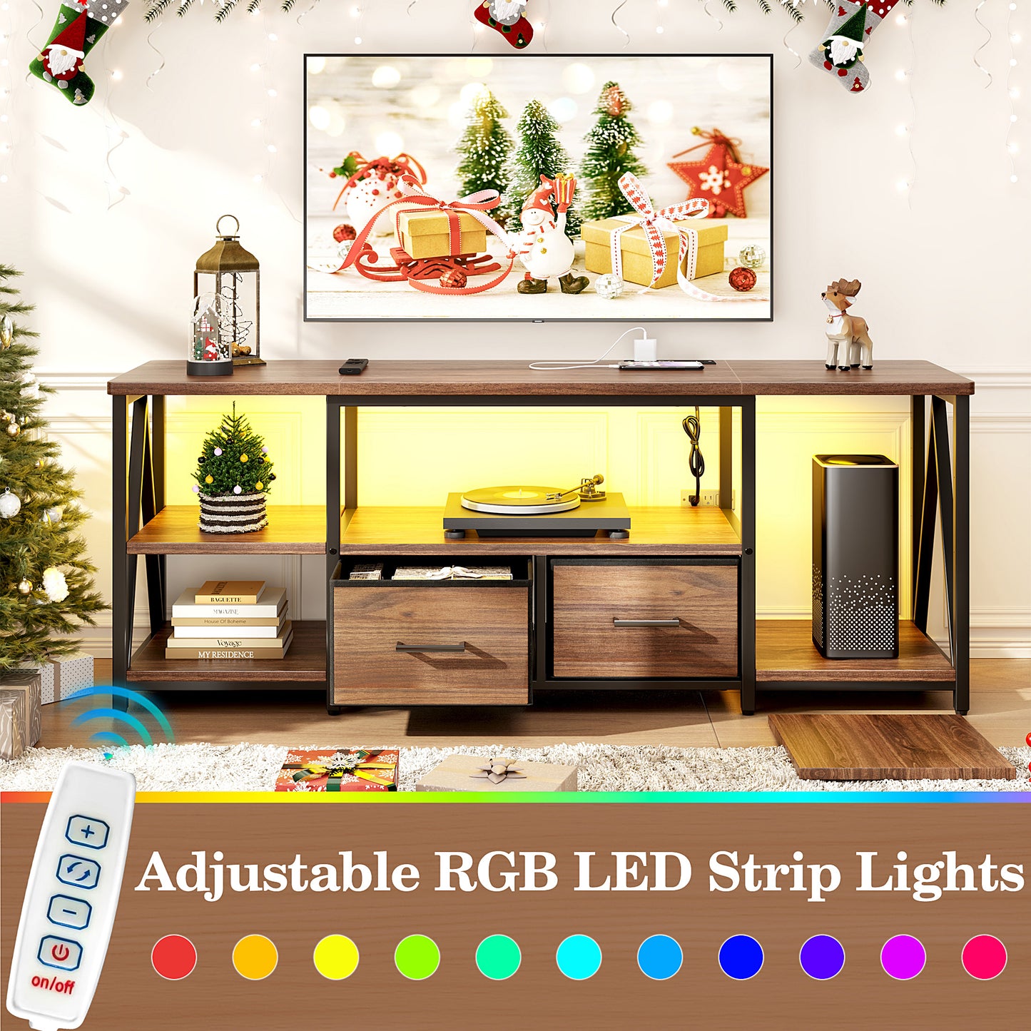 LED TV Stand for 65 inch TV, TV Console with LED Light, Modern Entertainment Center with Charging Station & Open Shelves & 2Drawers, Media Console Table for Living Room, Brown