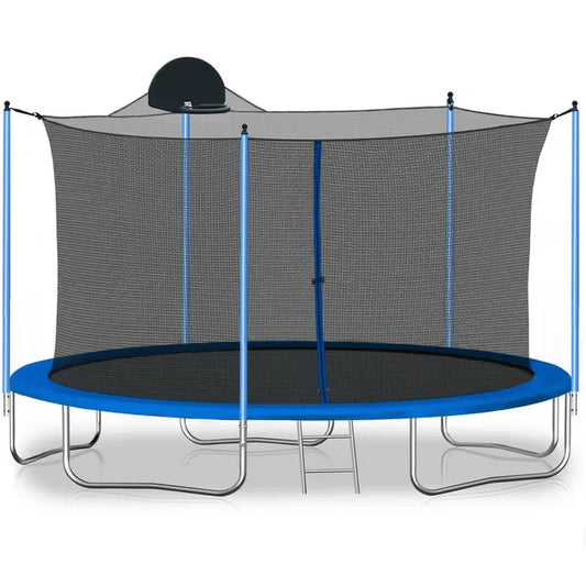 Trampoline with Enclosure on Clearance, New Upgraded 12 Feet Kids Outdoor Trampoline with Basketball Hoop and Ladder, Heavy Duty Round Trampoline for Indoor Outdoor Backyard, LLL4568