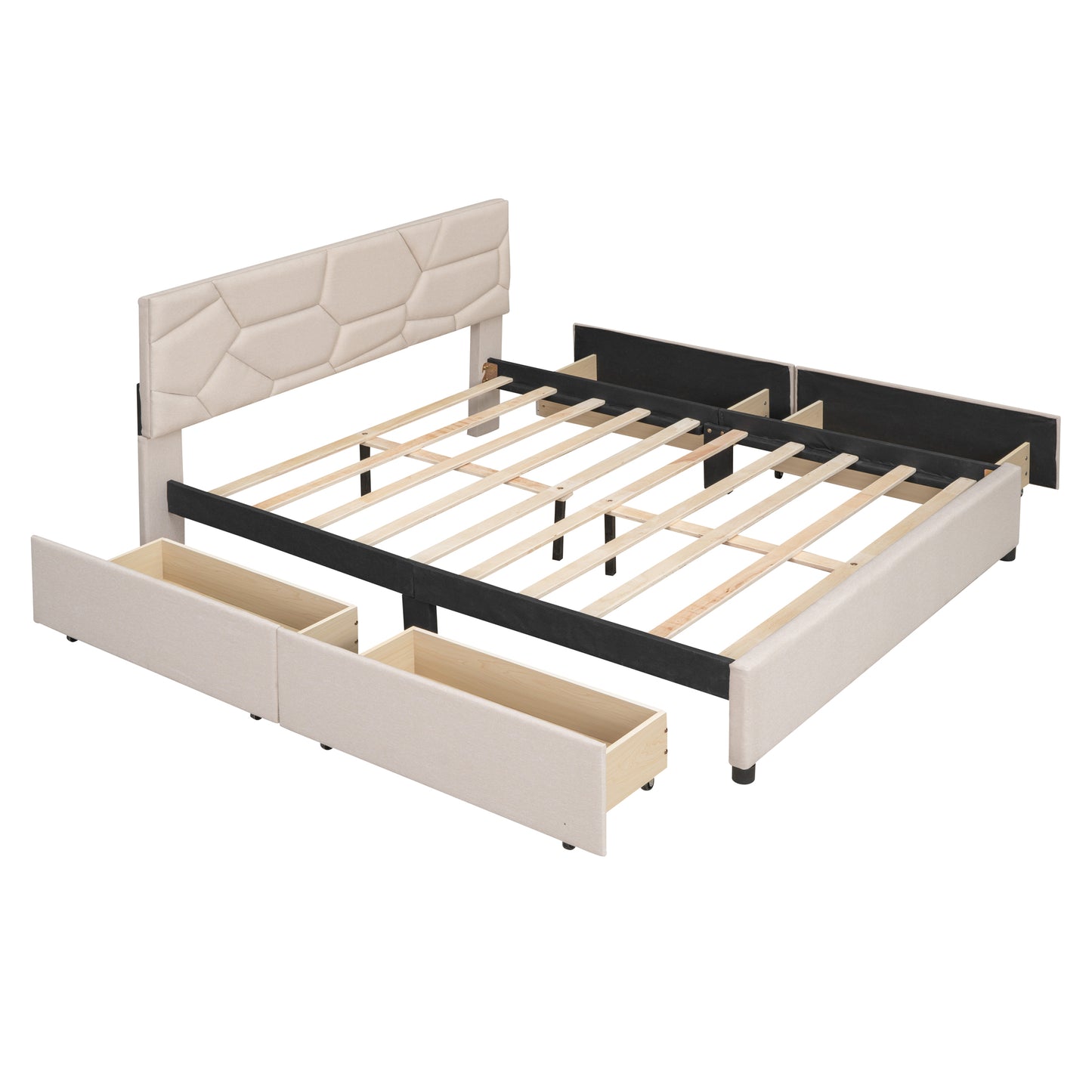 Queen Size Storage Bed with 4 Drawers, BTMWAY Queen Size Upholstered Platform Bed with Headboard Brick Pattern for Bedroom, Contemporary Storage Queen Bed Frame 4 Storage Drawers Bed, Beige