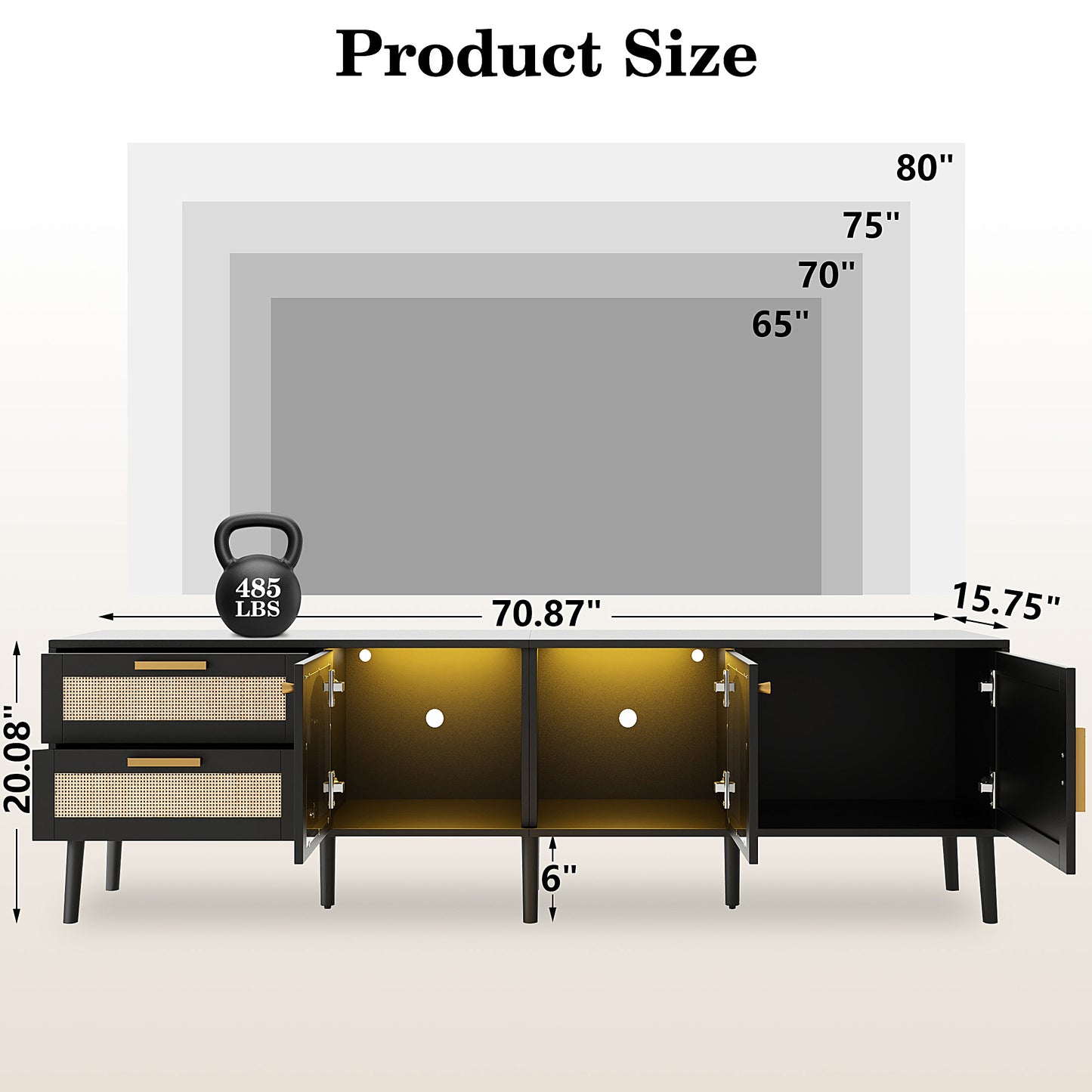 Rattan TV Stand for TVs up to 85", BTMWAY TV Stand, Modern Farmhouse Entertainment Center for TVs, Media Console with 2 Storage Drawer and Solid Wood Legs, TV Cabinet with Storage