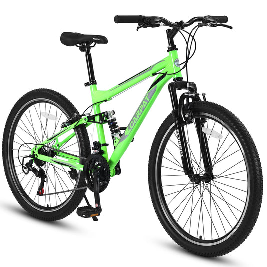 26 inch Mountain Bike, 21 Speed Bikes for Men, Front/Rear Shock Absorption, Adult Bicycle with Height Adjustable, High Quality Carbon Steel Frame, Road Bike for Outdoor Camping Riding Casual-Green