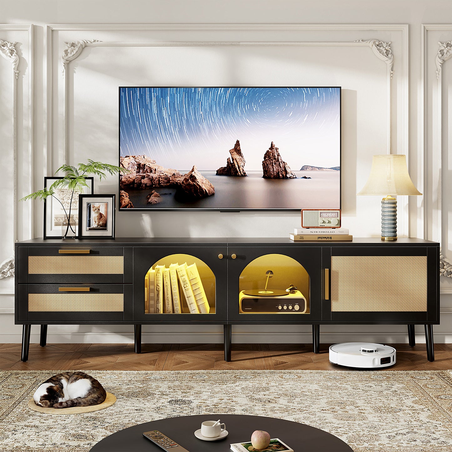 Rattan TV Stand for TVs up to 85", BTMWAY TV Stand, Modern Farmhouse Entertainment Center for TVs, Media Console with 2 Storage Drawer and Solid Wood Legs, TV Cabinet with Storage
