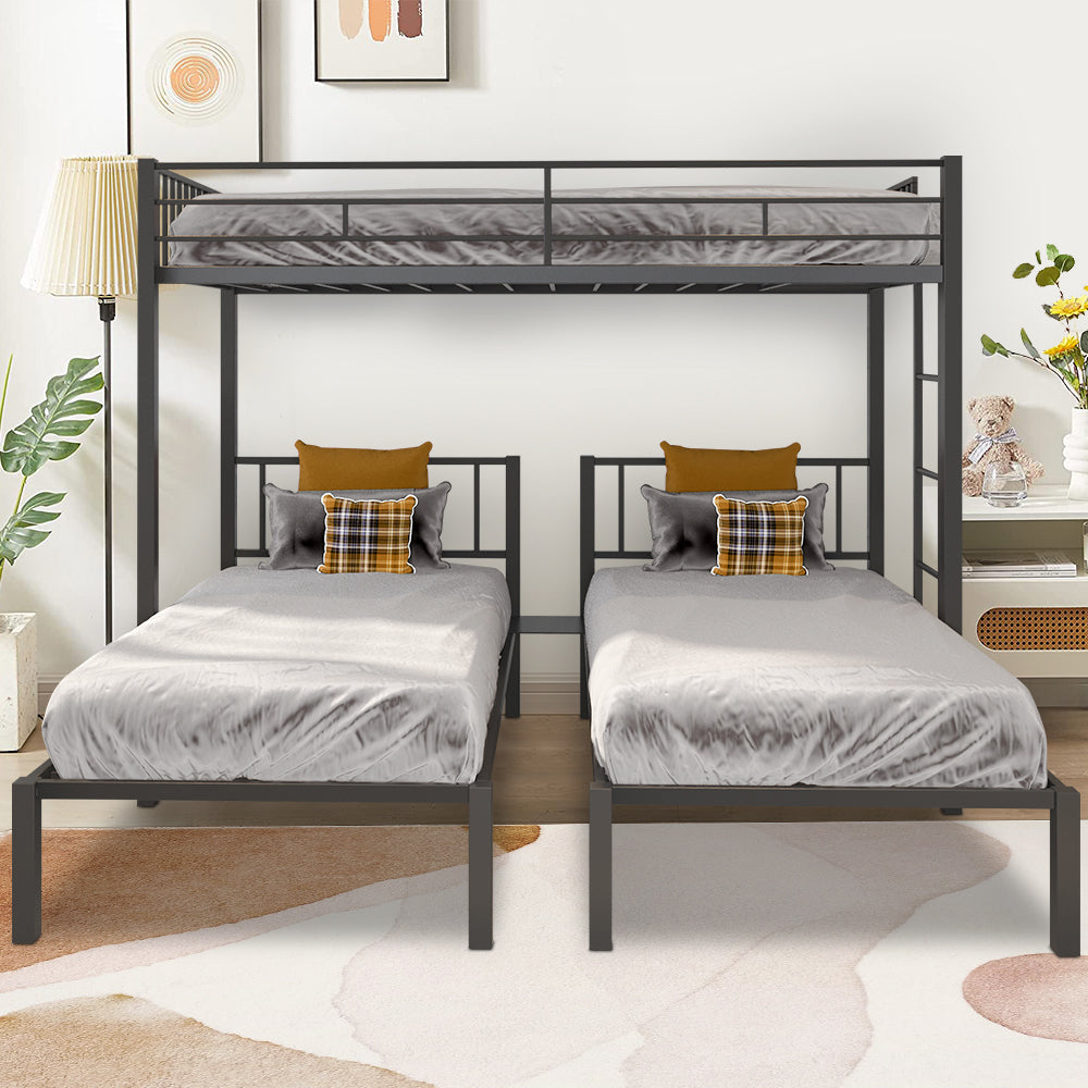 BTMWAY Metal Triple Bunk Bed Twin Over Twin&Twin for Kids, Modern Triple Bunk Bed with Guardrails and Ladder, Separable into 3 Platform Bed with Headboard, Black Twin Bed Frame for Boys Girls, A6555