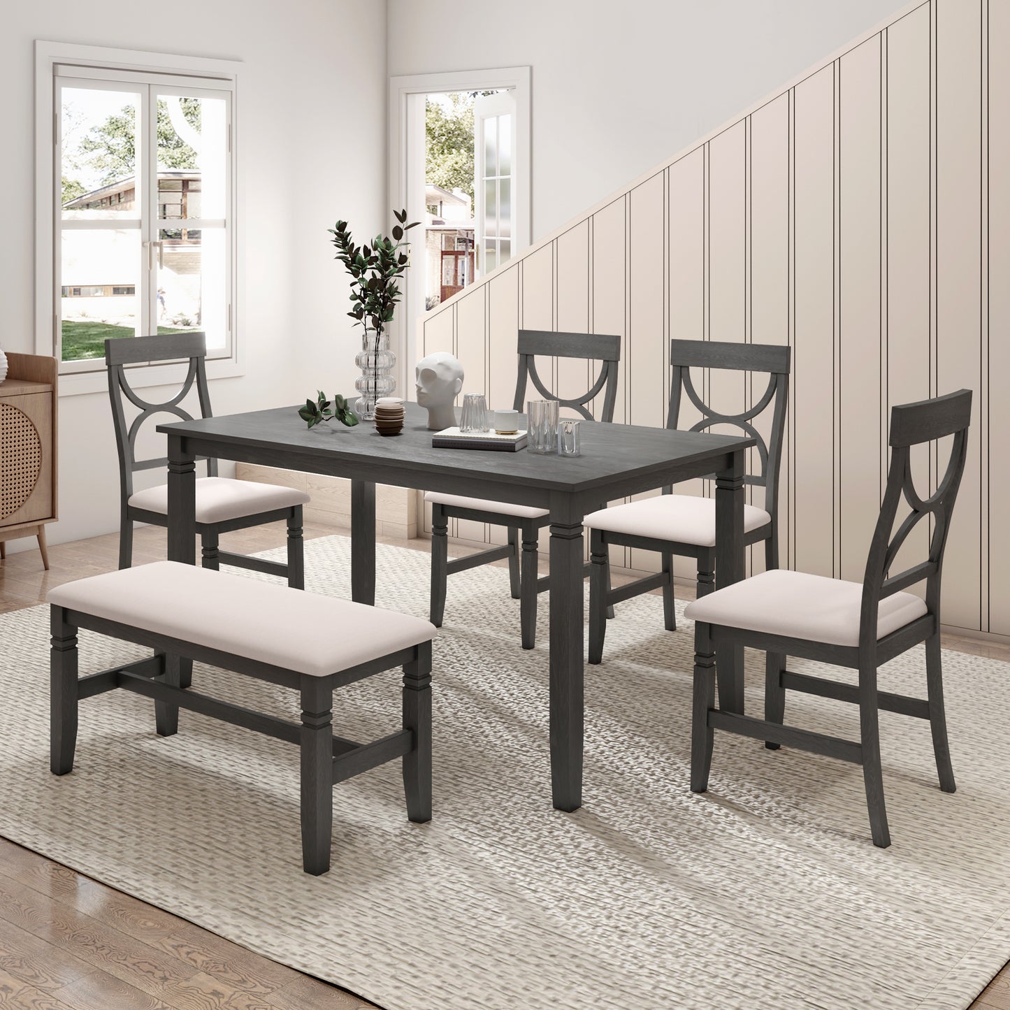 BTMWAY 6 Piece Dining Table Set with Bench