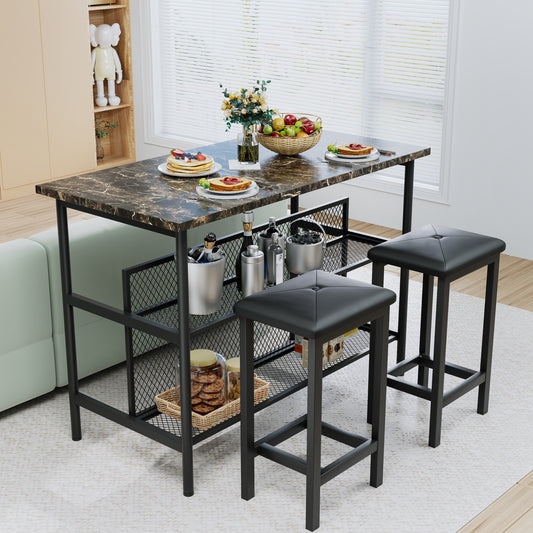 Kitchen Island Set With 2 Seating, BTMWAY Wood Dining Table Set with Storage Shelf, 47x24in Stationary Kitchen Island and Stools Set Wood Butcher Block Prep Table Set for Small Space, Brown