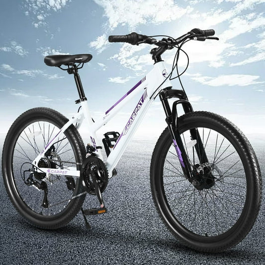 Mountain Bike for Women Girl, 24 inch Wheels Hardtail Adult Bicycle 21 Speed with Dual Disc Brake, 100mm Front Suspension, Ergonomic Steel Frame, High-Quality Tires Bicicleta de Montaña-White